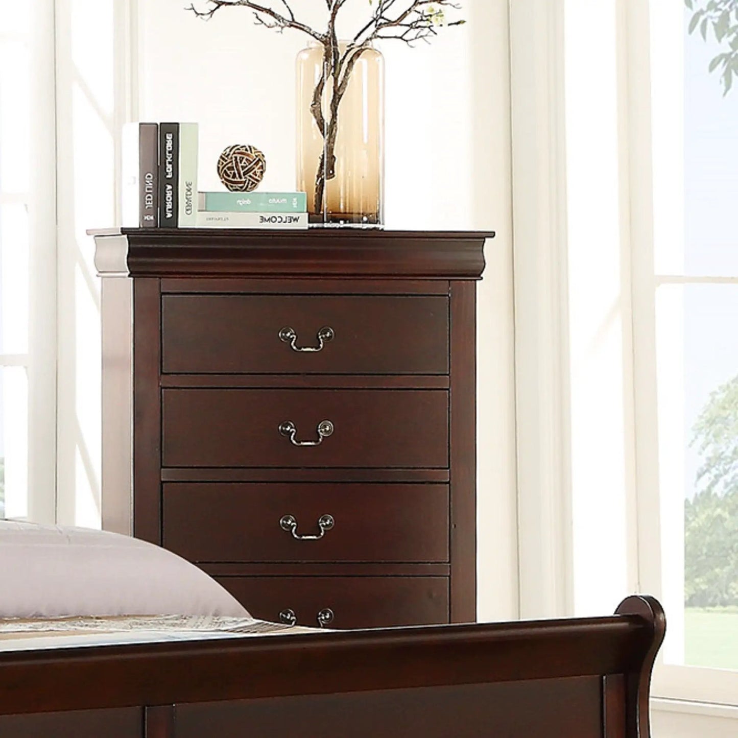 Louis Philip Cherry Chest, five-drawer solid wood accent chest with dark cherry finish on Tampa Home & Garden Store