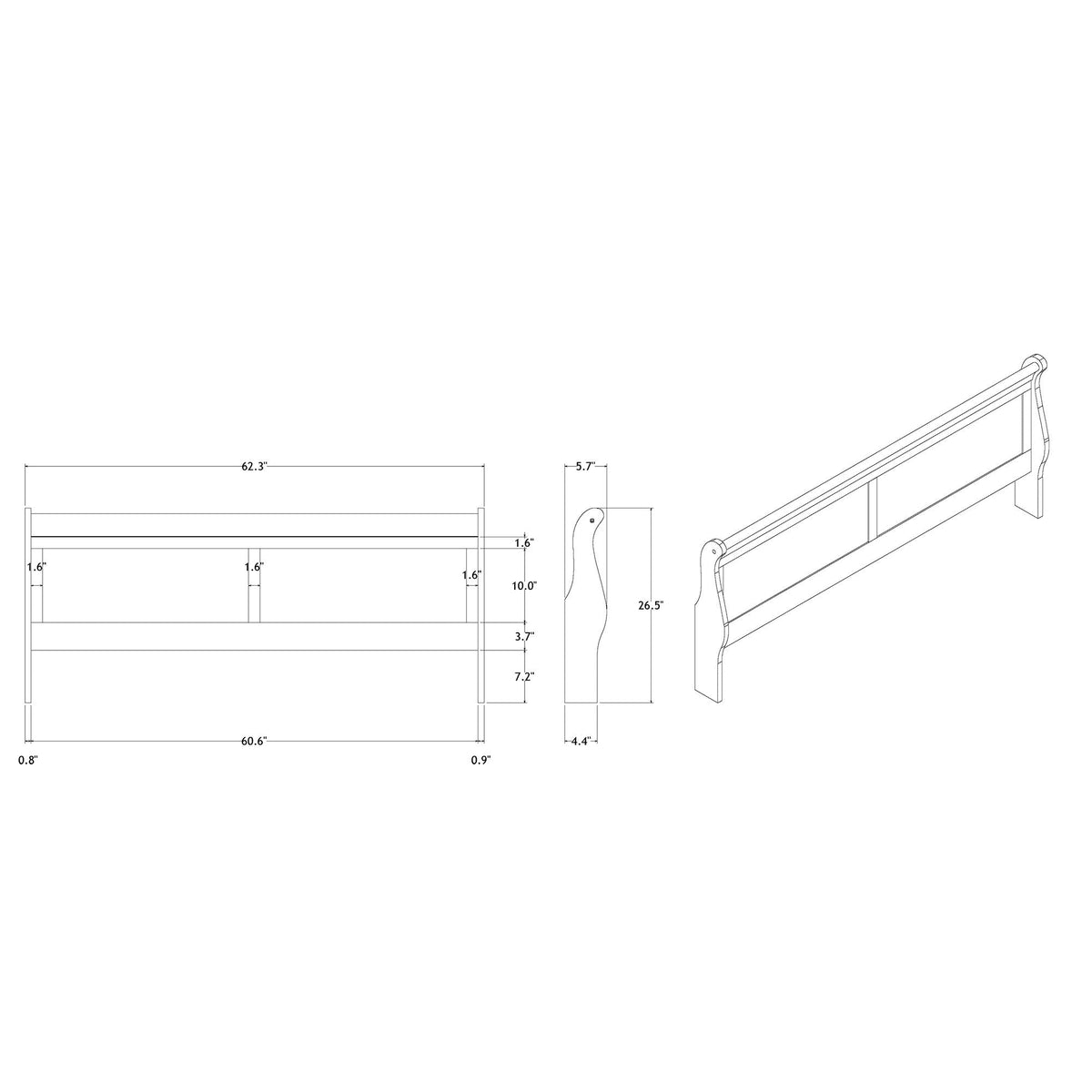 Charlston Sleigh Bed With LED by HouseOfZazla blueprint of headboard and footboard dimensions on Tampa Home & Garden Store
