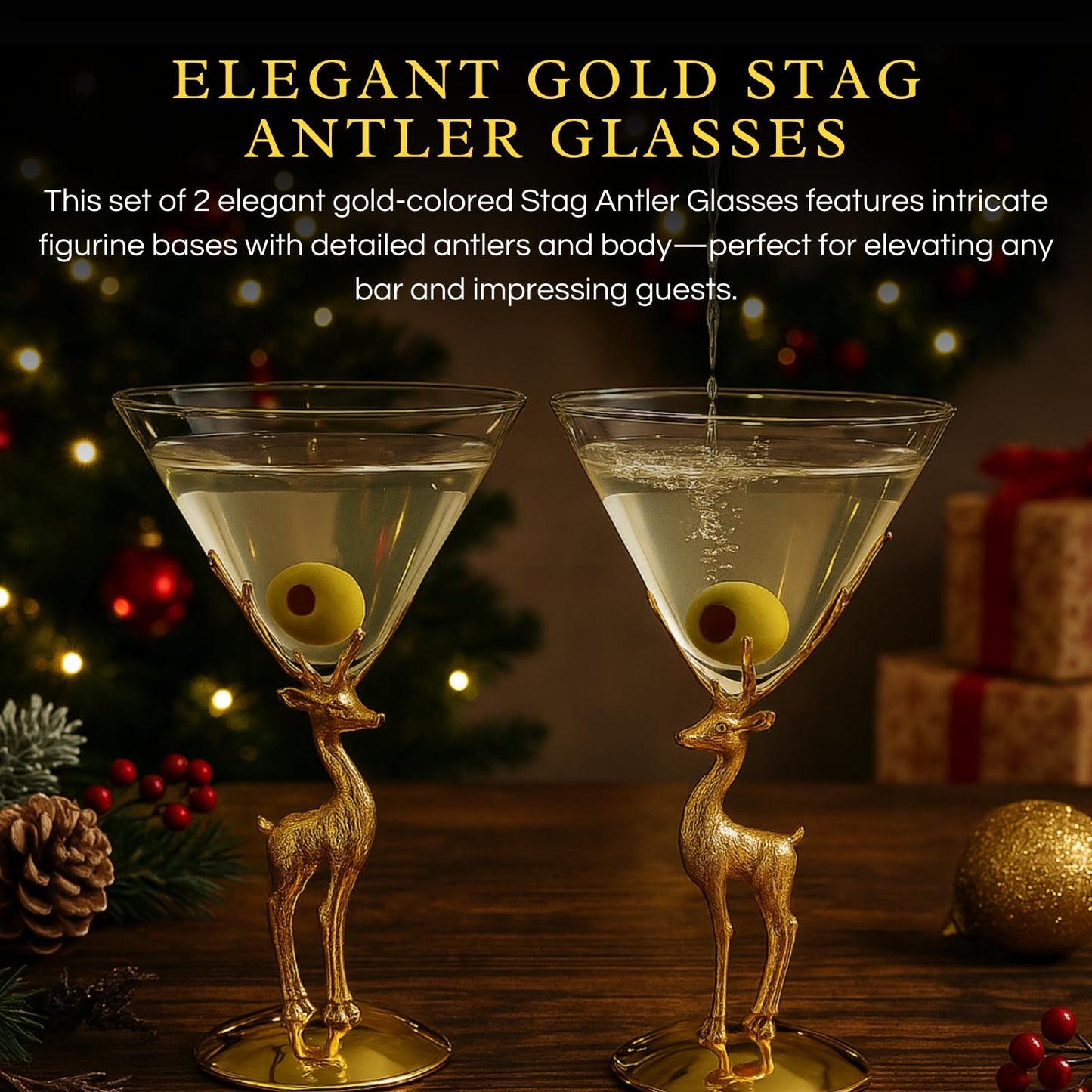 Golden Standing Stag Martini Glass Set of Two