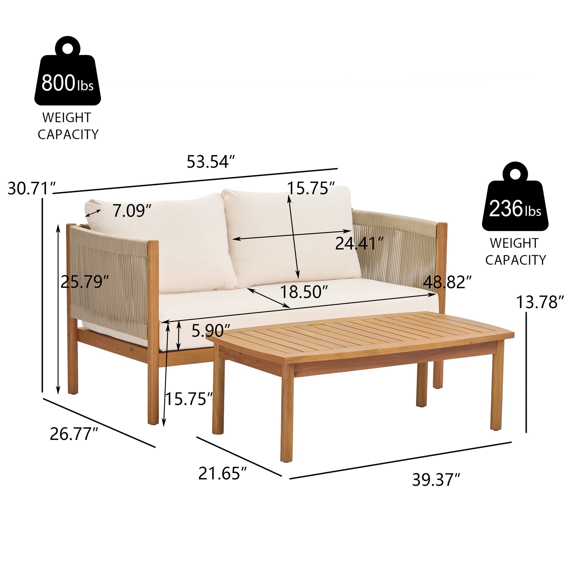 Outdoor loveseat and coffee table set HouseOfZazla teak-look acacia with beige cushions on Tampa Home & Garden Store