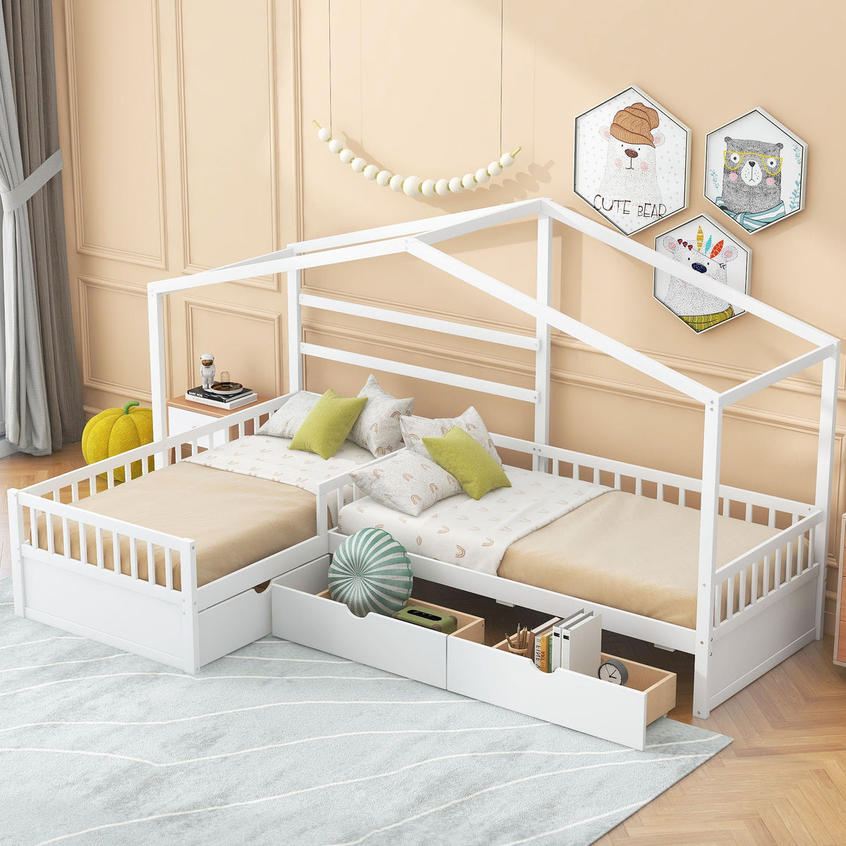 L-shaped platform bed in white with three under-bed storage drawers for kid's room on Tampa Home & Garden Store