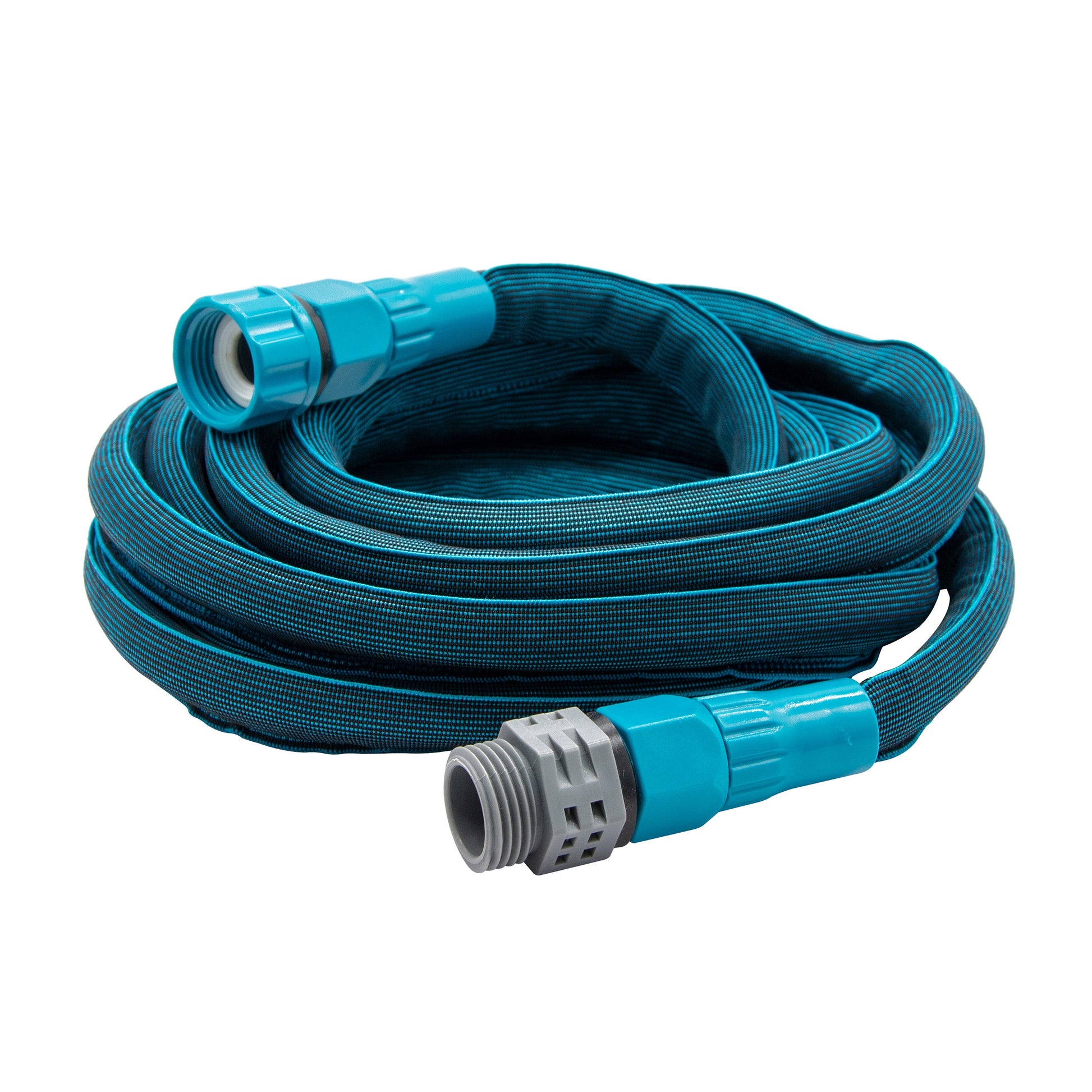 Expanding hose 25 ft x 5/8 in Orbit Irrigation blue braided hose with gray connectors on Tampa Home & Garden Store