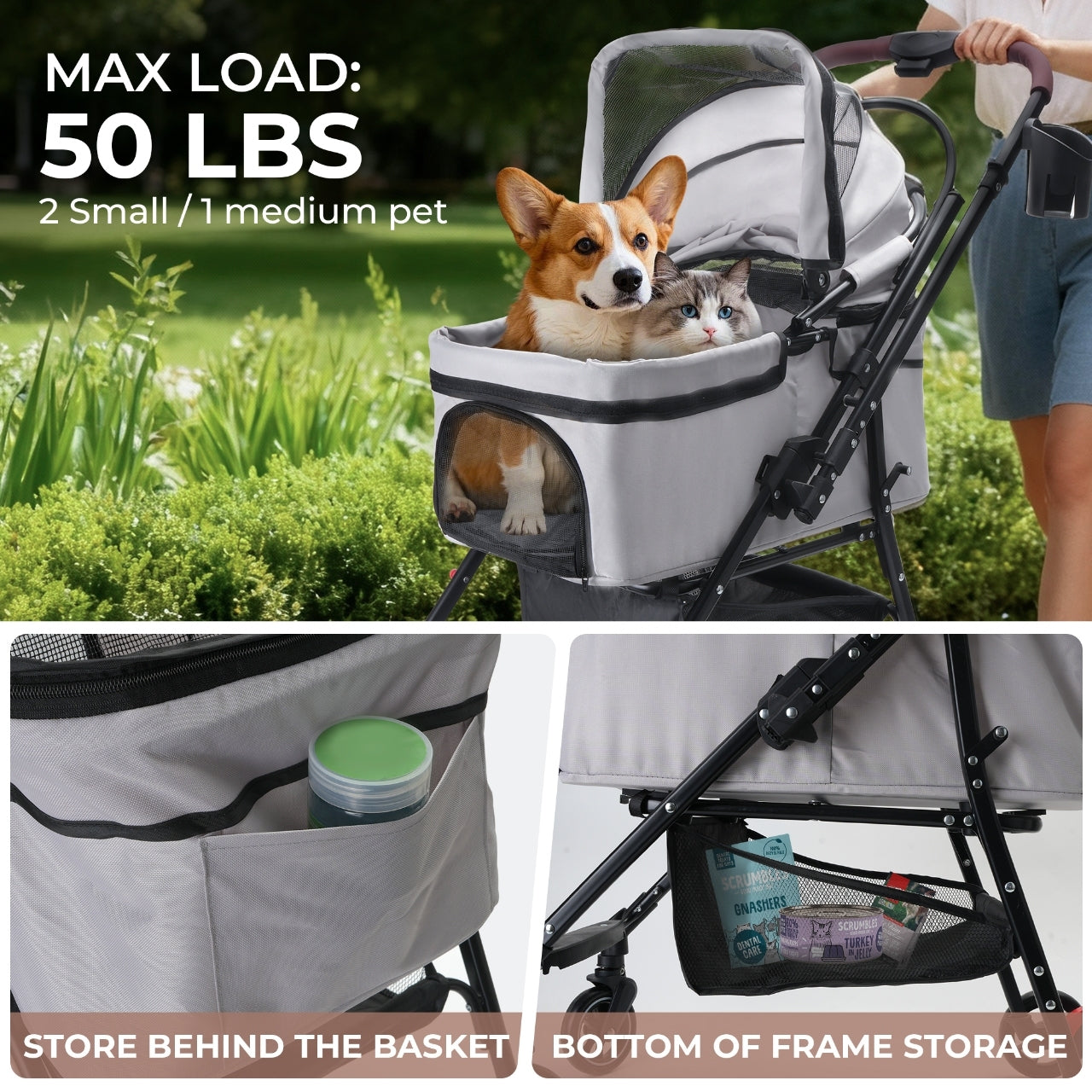 4-Wheel Foldable Pet Stroller for Dogs and Cats in gray with dog and cat in the basket; includes side pocket storage on Tampa Home & Garden Store