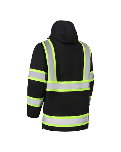 Kiwi High Visibility 3-in-1 Hooded & Fleece Lined ANSI/ISEA 107-2020 Reflector Contrast Trimmed Water Resistant Black Safety Jacket [R71600]