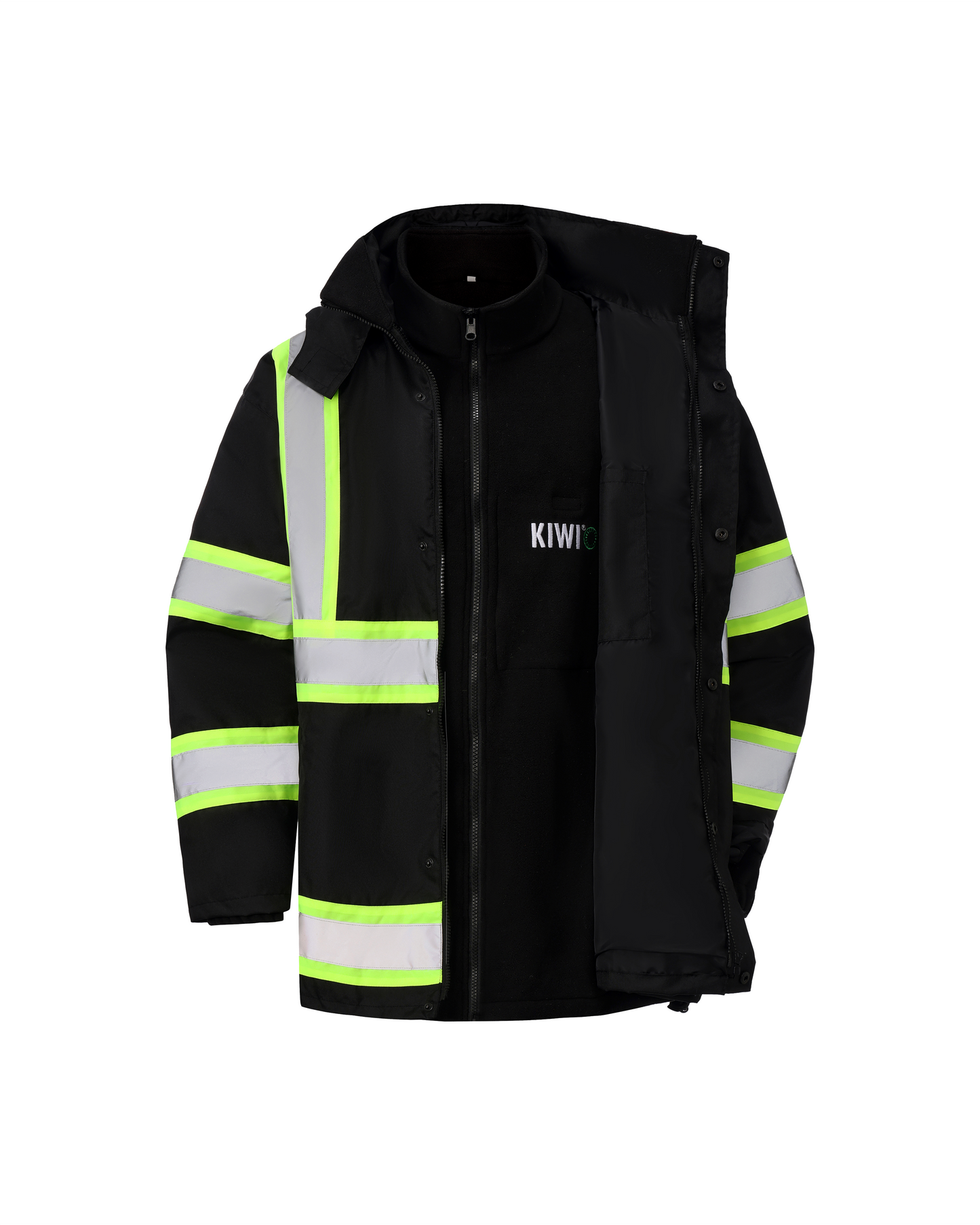 Kiwi High Visibility 3-in-1 Hooded & Fleece Lined ANSI/ISEA 107-2020 Reflector Contrast Trimmed Water Resistant Black Safety Jacket [R71600]