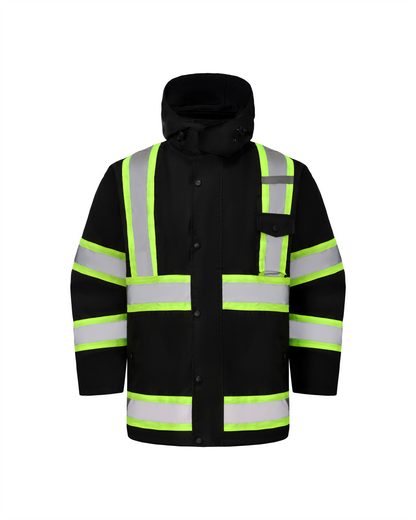 Kiwi High Visibility 3-in-1 Hooded & Fleece Lined ANSI/ISEA 107-2020 Reflector Contrast Trimmed Water Resistant Black Safety Jacket [R71600]