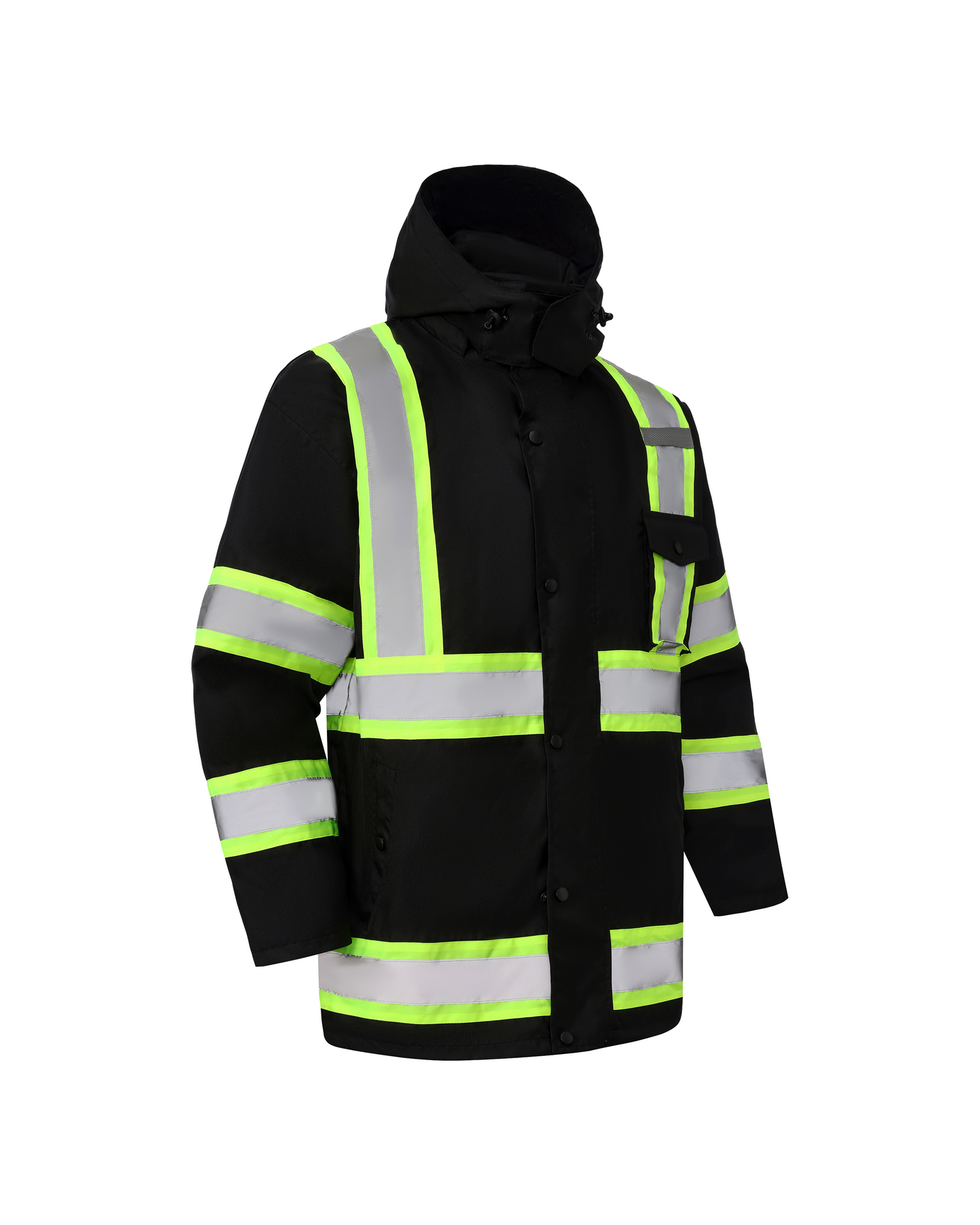 Kiwi High Visibility 3-in-1 Hooded & Fleece Lined ANSI/ISEA 107-2020 Reflector Contrast Trimmed Water Resistant Black Safety Jacket [R71600]