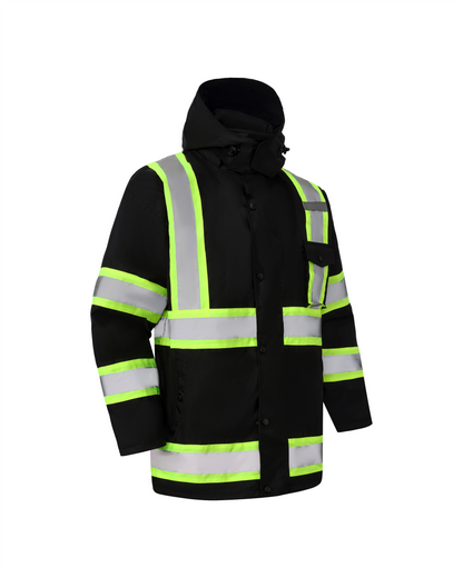 Kiwi High Visibility 3-in-1 Hooded & Fleece Lined ANSI/ISEA 107-2020 Reflector Contrast Trimmed Water Resistant Black Safety Jacket [R71600]