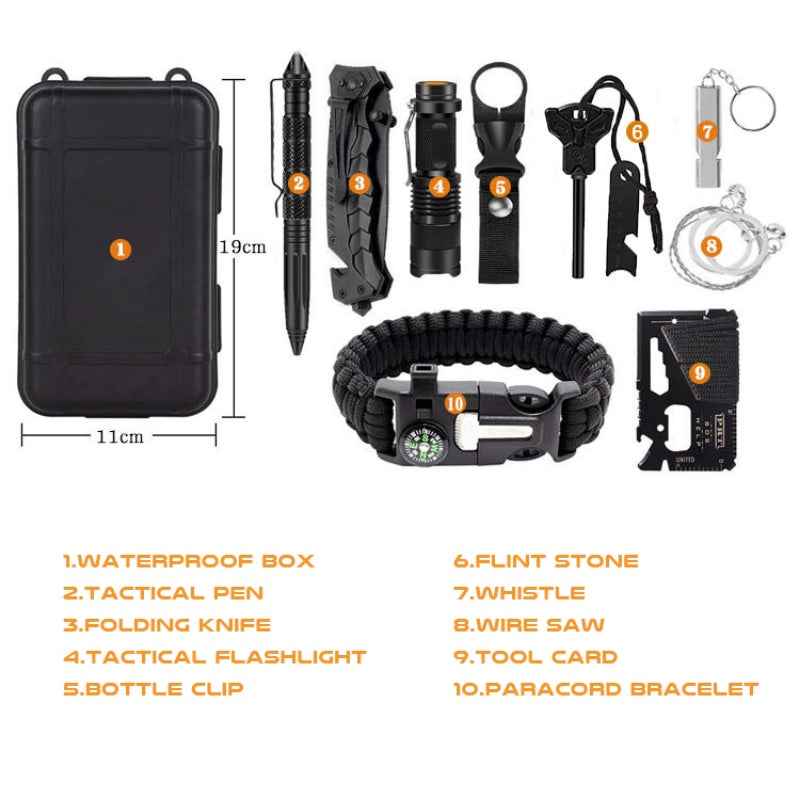 Outdoor survival tool set with black waterproof box; 10 tools incl pen, knife, flashlight on Tampa Home & Garden Store