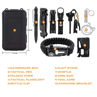 Outdoor survival tool set with black waterproof box; 10 tools incl pen, knife, flashlight on Tampa Home & Garden Store