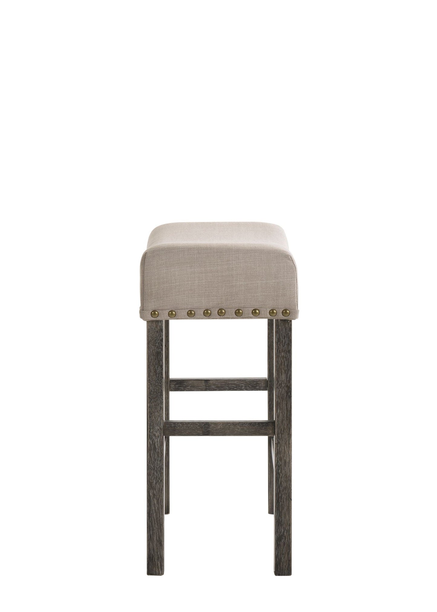 Martha II weathered counter height stool set of 2, gray/tan upholstery, nailhead trim, dark wood legs on Tampa Home & Garden Store