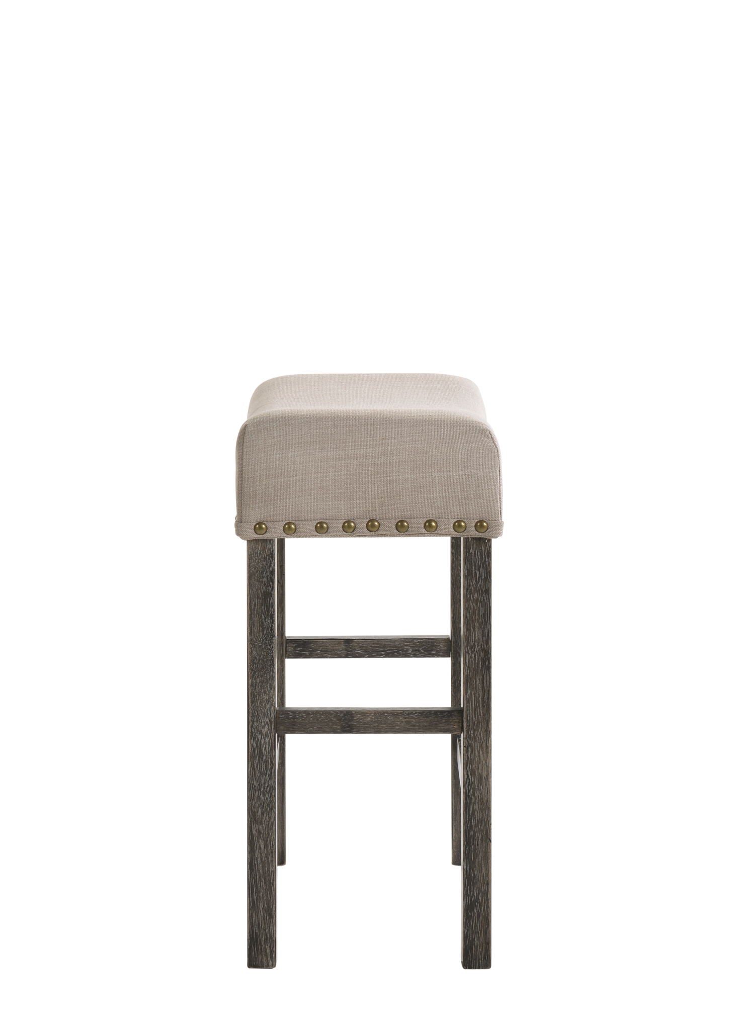 Martha II weathered counter height stool set of 2, gray/tan upholstery, nailhead trim, dark wood legs on Tampa Home & Garden Store