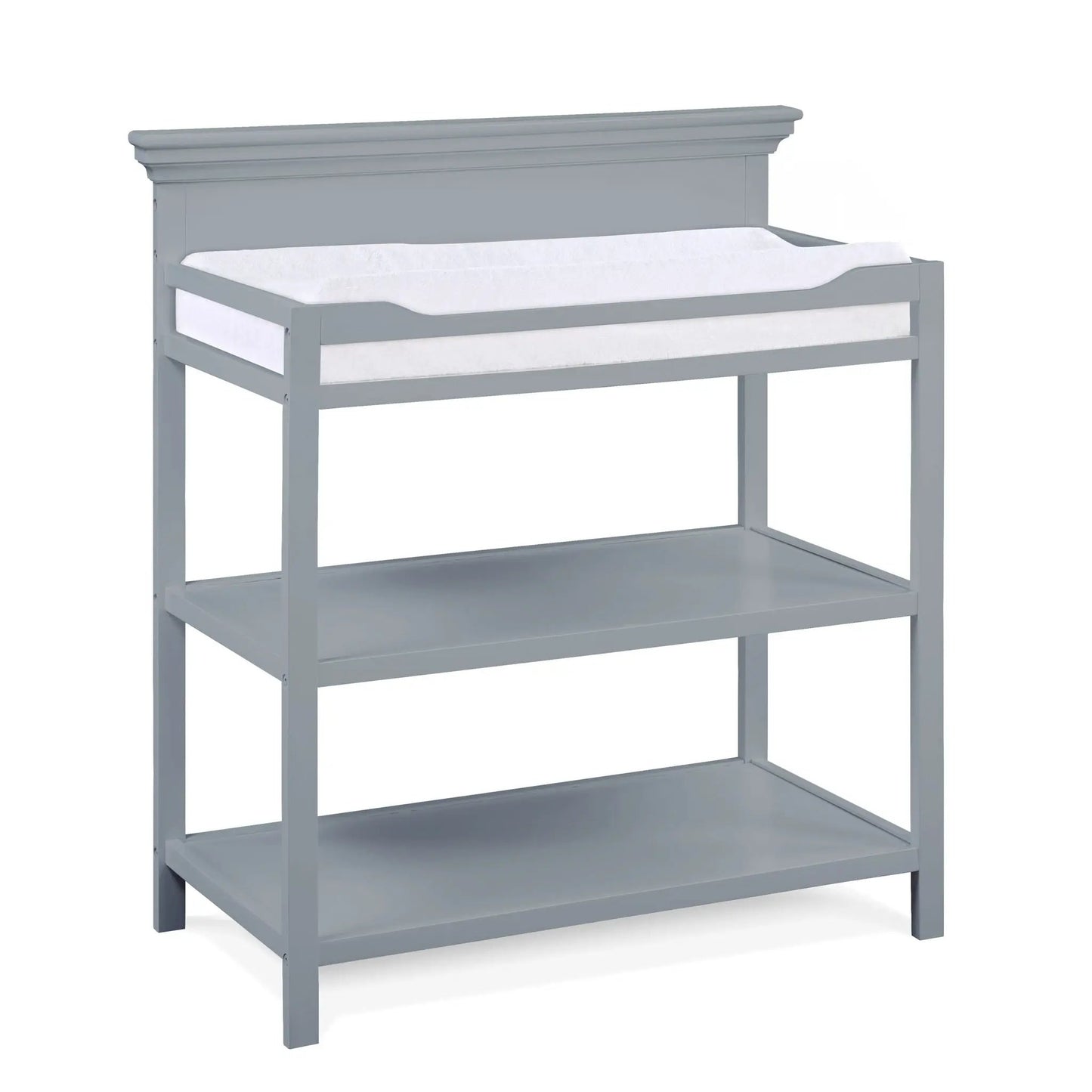 Gray wood changing table with crown molding top and open lower shelf on Tampa Home & Garden Store