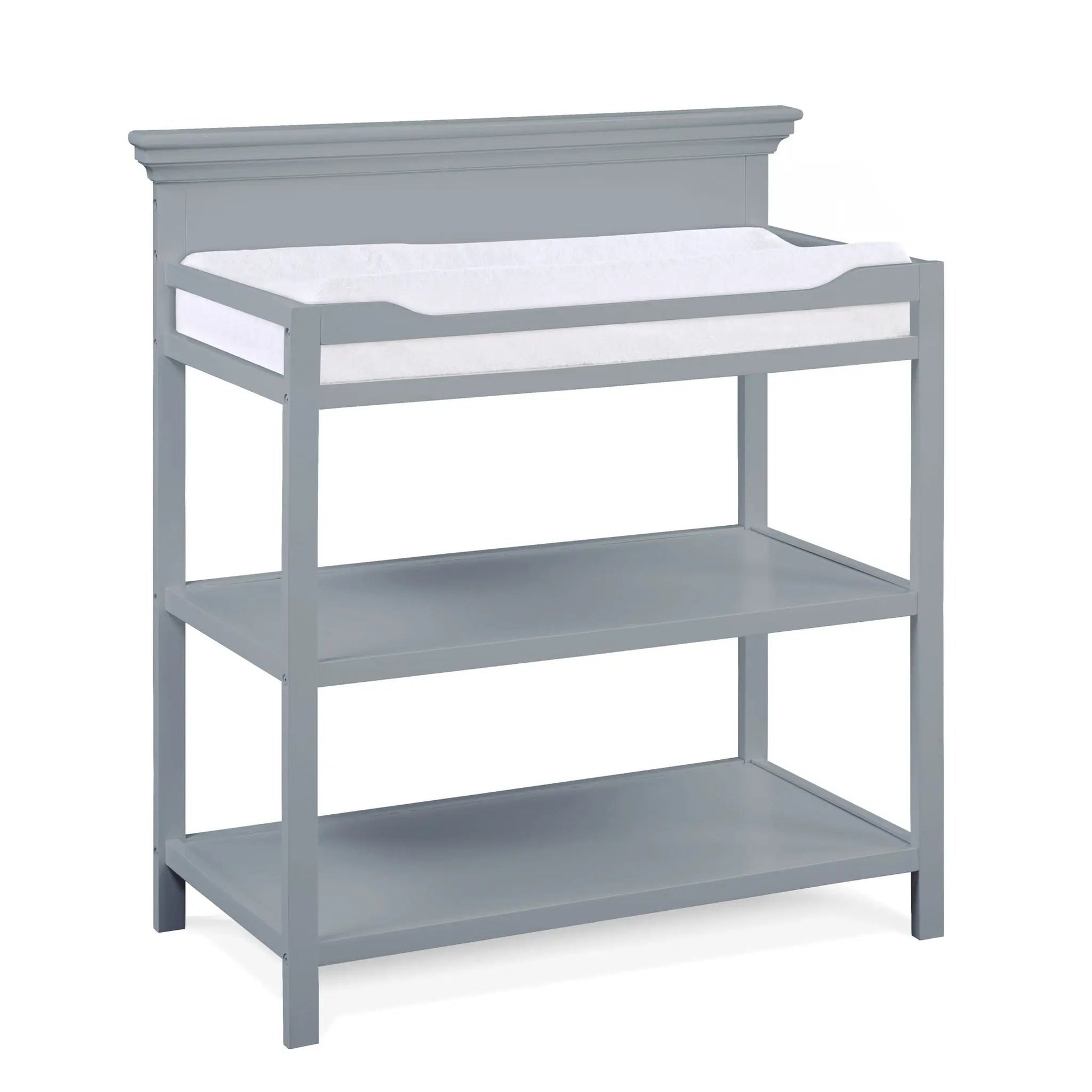 Gray wood changing table with crown molding top and open lower shelf on Tampa Home & Garden Store
