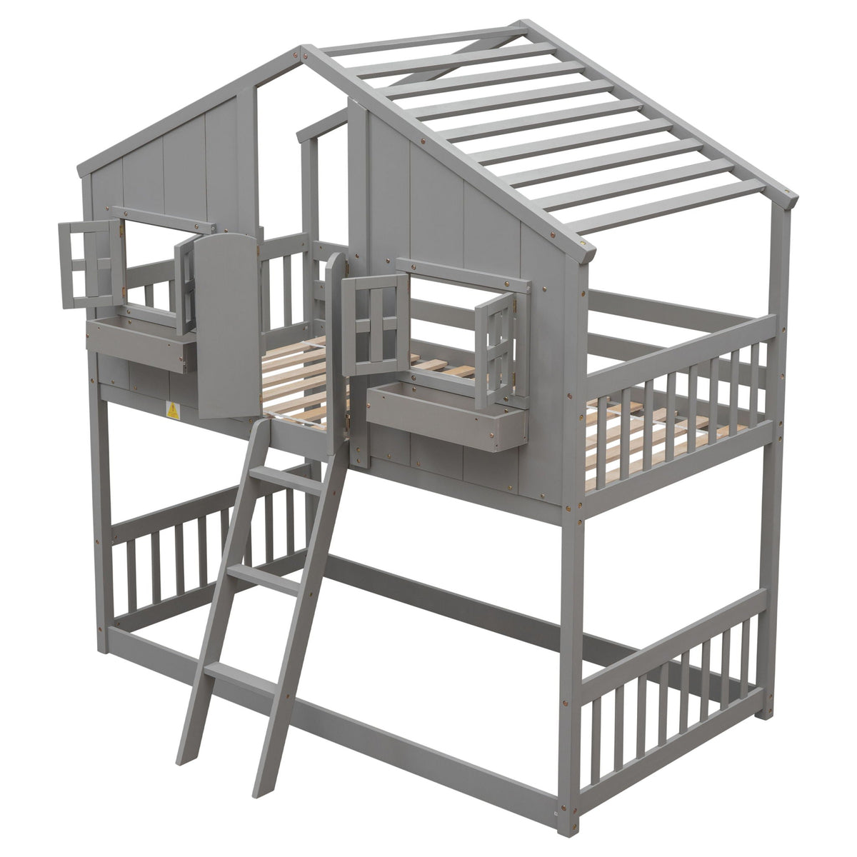 House bunk bed with roof, window and door in gray wood with ladder and guardrails on Tampa Home & Garden Store