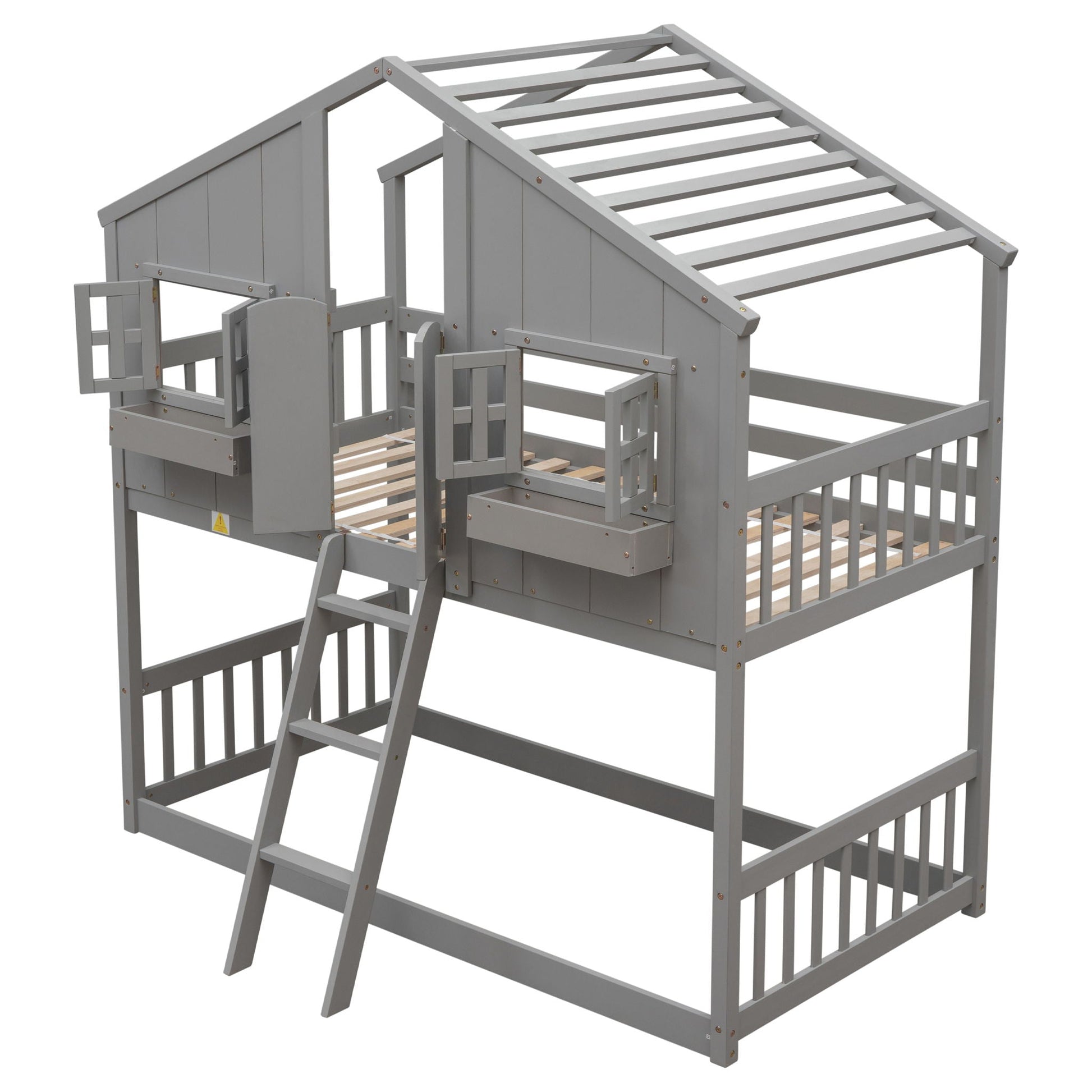 House bunk bed with roof, window and door in gray wood with ladder and guardrails on Tampa Home & Garden Store