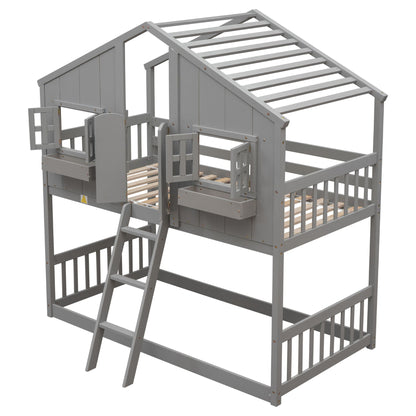 House bunk bed with roof, window and door in gray wood with ladder and guardrails on Tampa Home & Garden Store