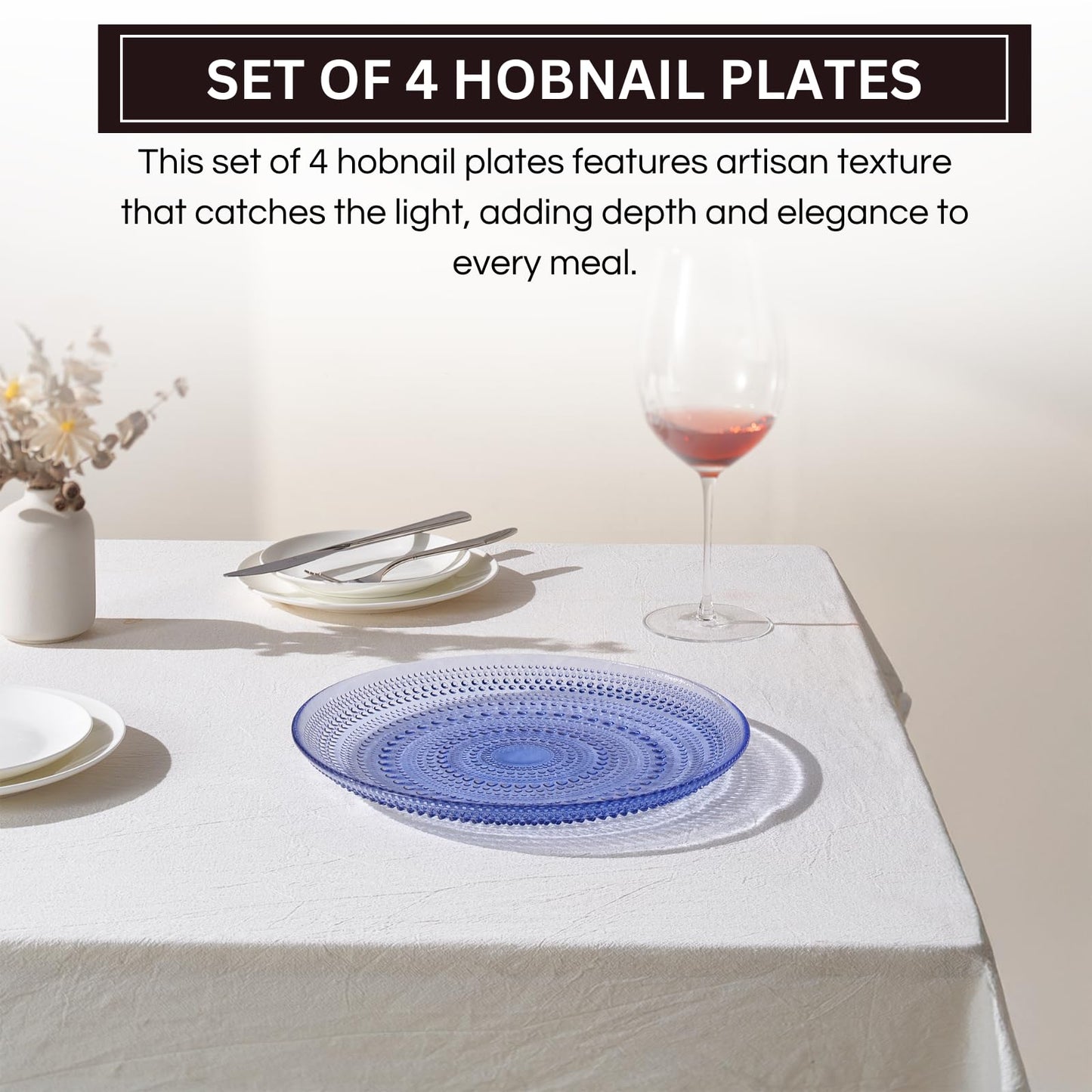 Four Blue Glass Hobnail Dinner or Charger Plates