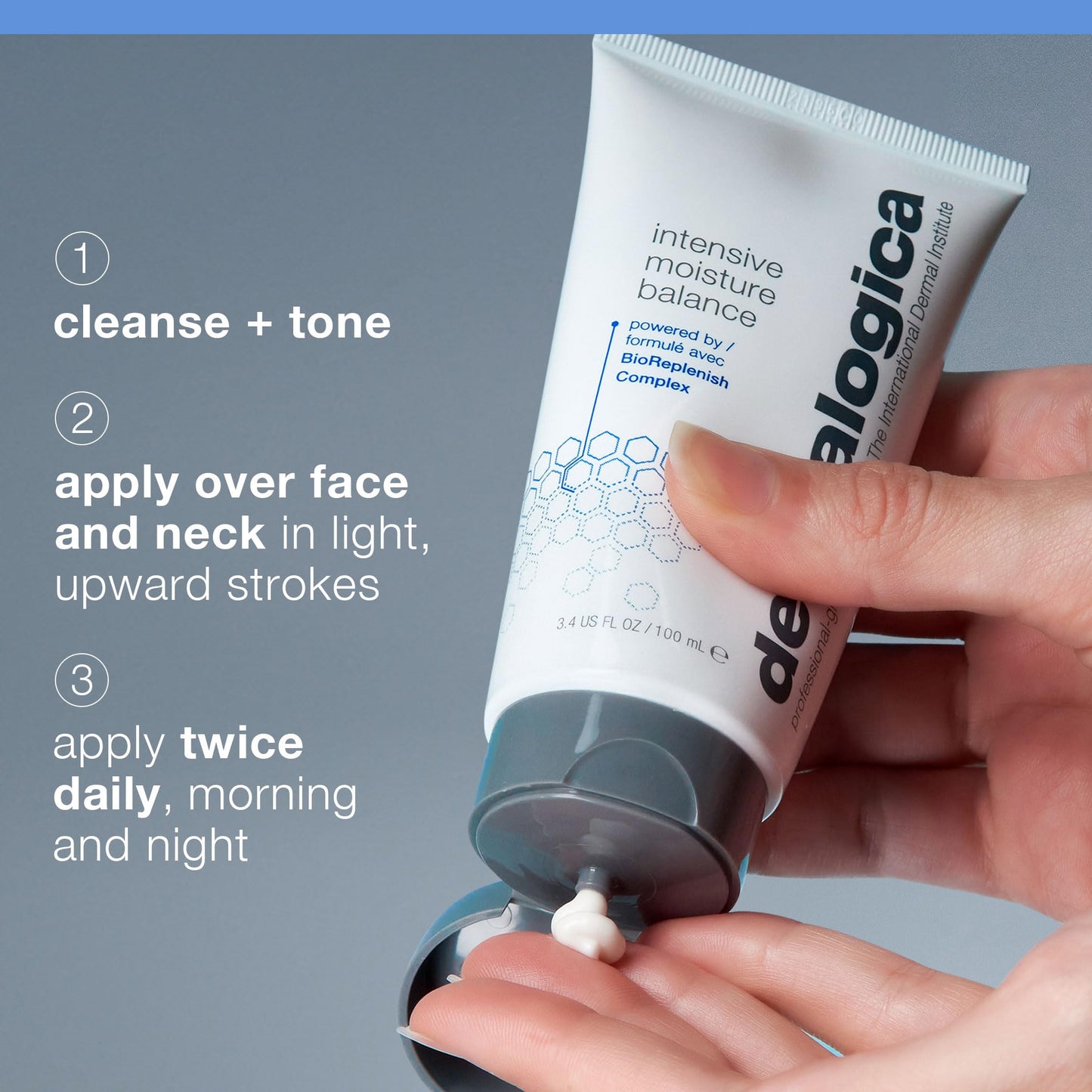 Dermalogica Intensive Moisture Balance moisturizer tube, white with blue accents, held in hand on Tampa Home & Garden Store