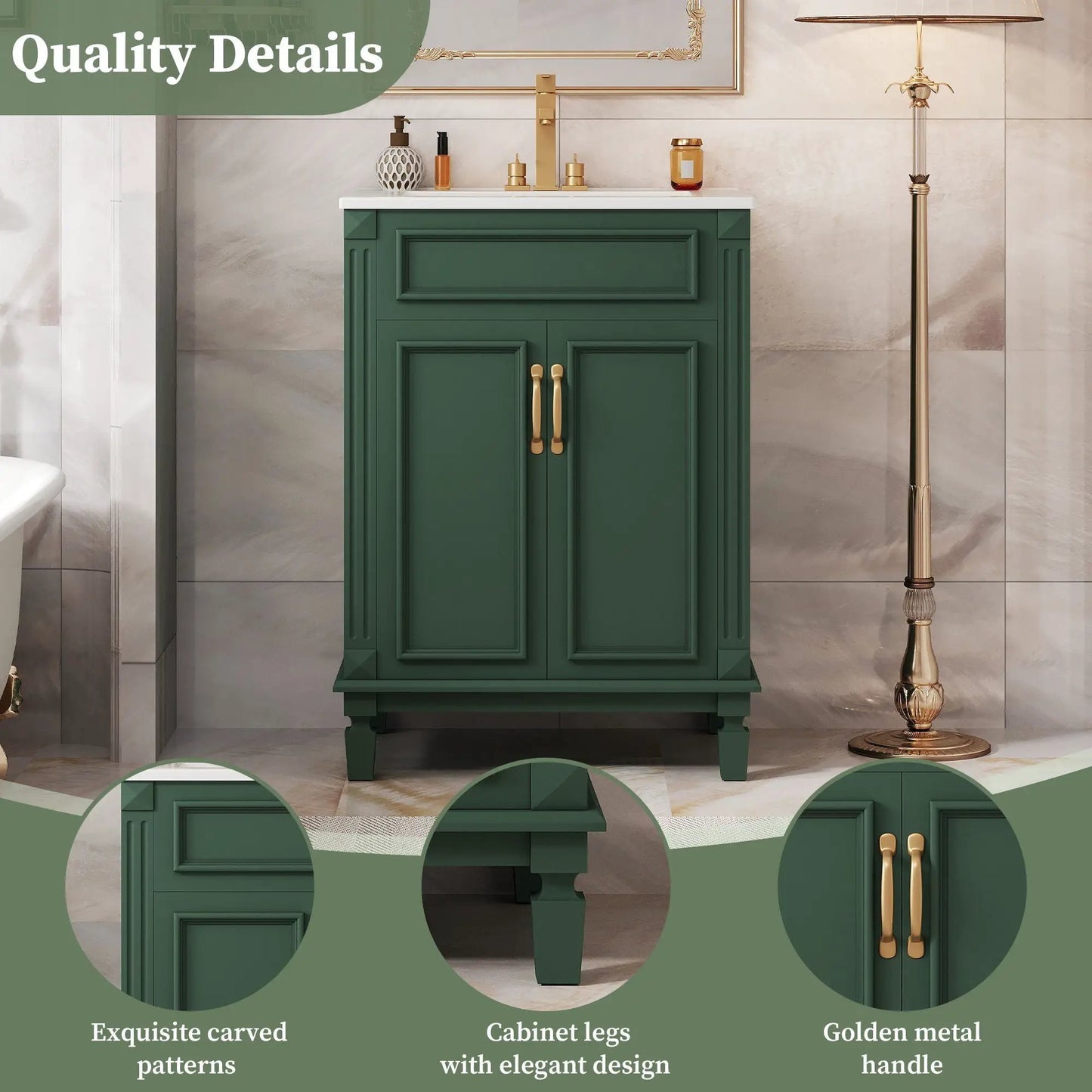 Bathroom vanity with top sink, green cabinet and gold hardware, soft-closing doors on Tampa Home & Garden Store