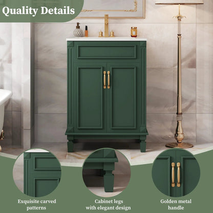 Bathroom vanity with top sink, green cabinet and gold hardware, soft-closing doors on Tampa Home & Garden Store