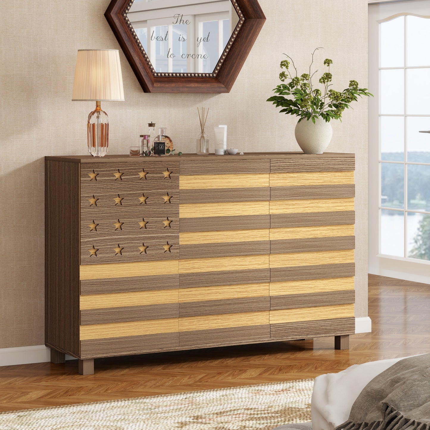 55-Inch Hand-Carved Buffet Sideboard Cabinet with star inlay drawers in two-tone wood tones on Tampa Home & Garden Store