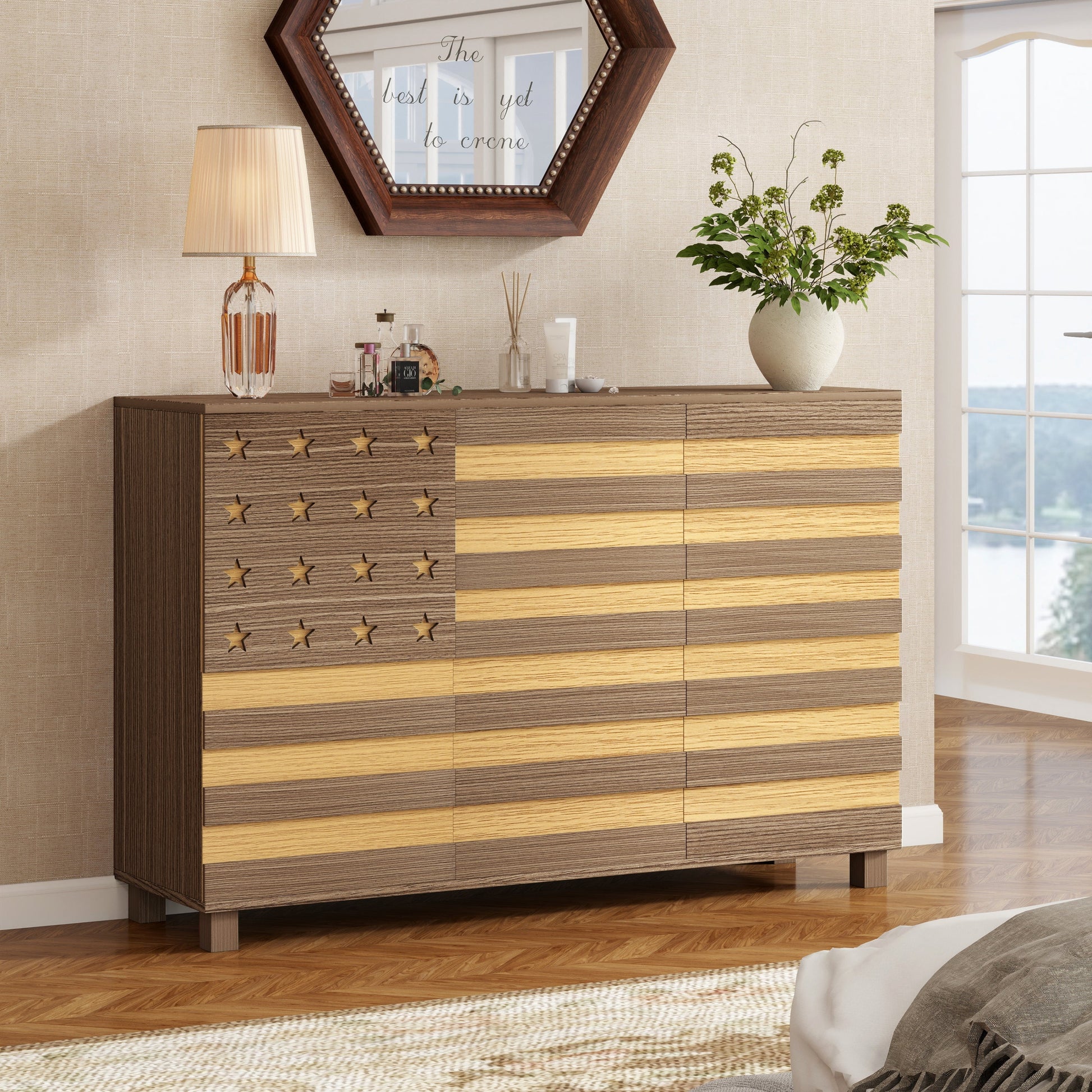 55-Inch Hand-Carved Buffet Sideboard Cabinet with star inlay drawers in two-tone wood tones on Tampa Home & Garden Store