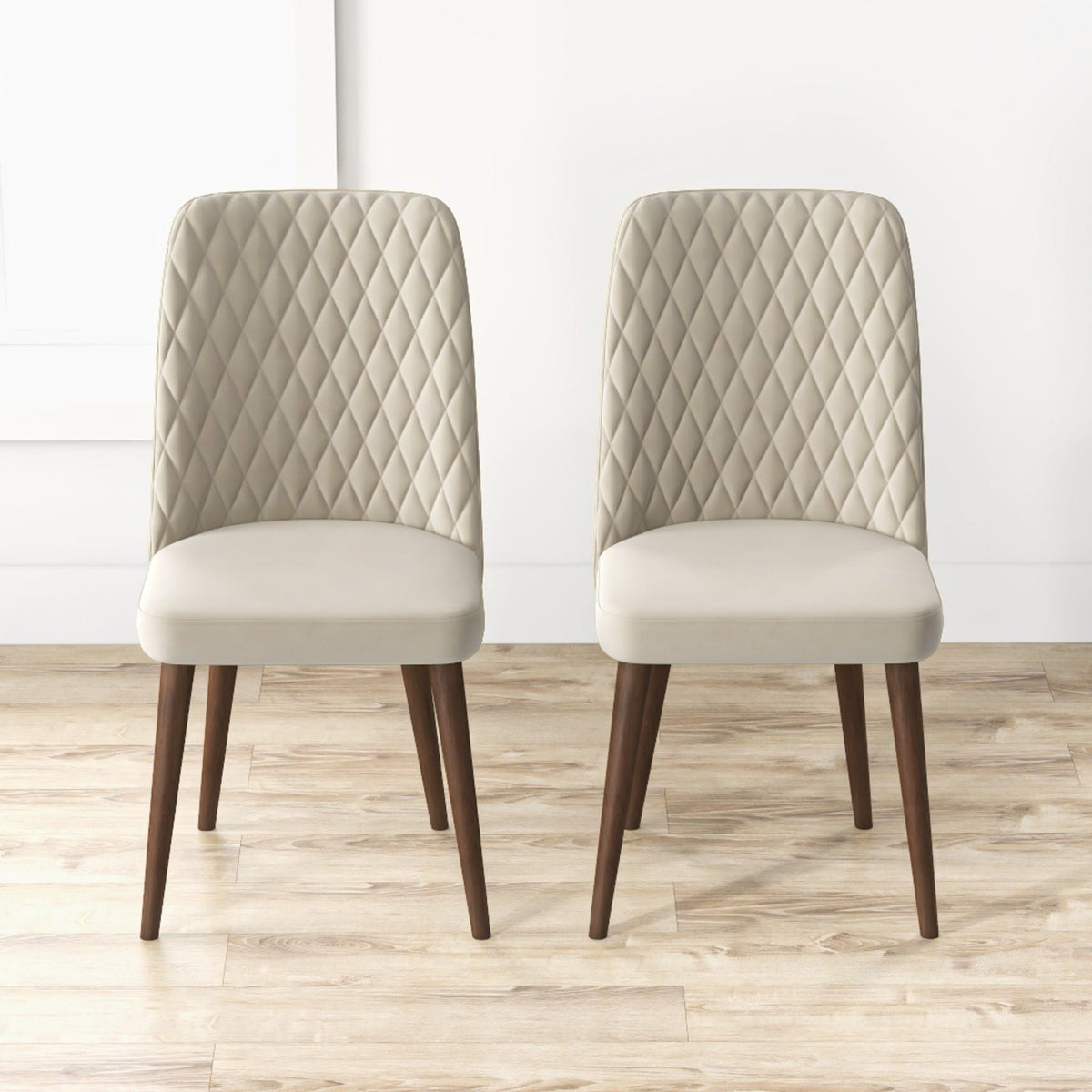 Mid-Century dining chair set of 2 with diamond-quilted cream upholstery and tapered wood legs on Tampa Home & Garden Store