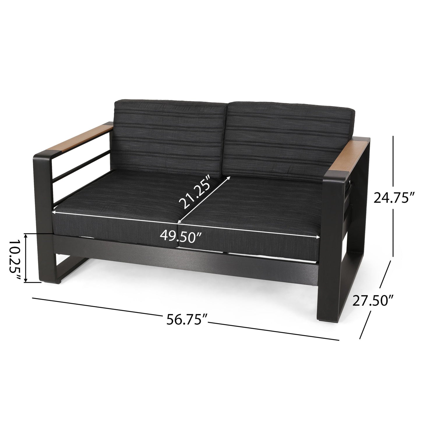 Black loveseat with slat paneling and aluminum frame, wood armrests, HouseOfZazla on Tampa Home & Garden Store