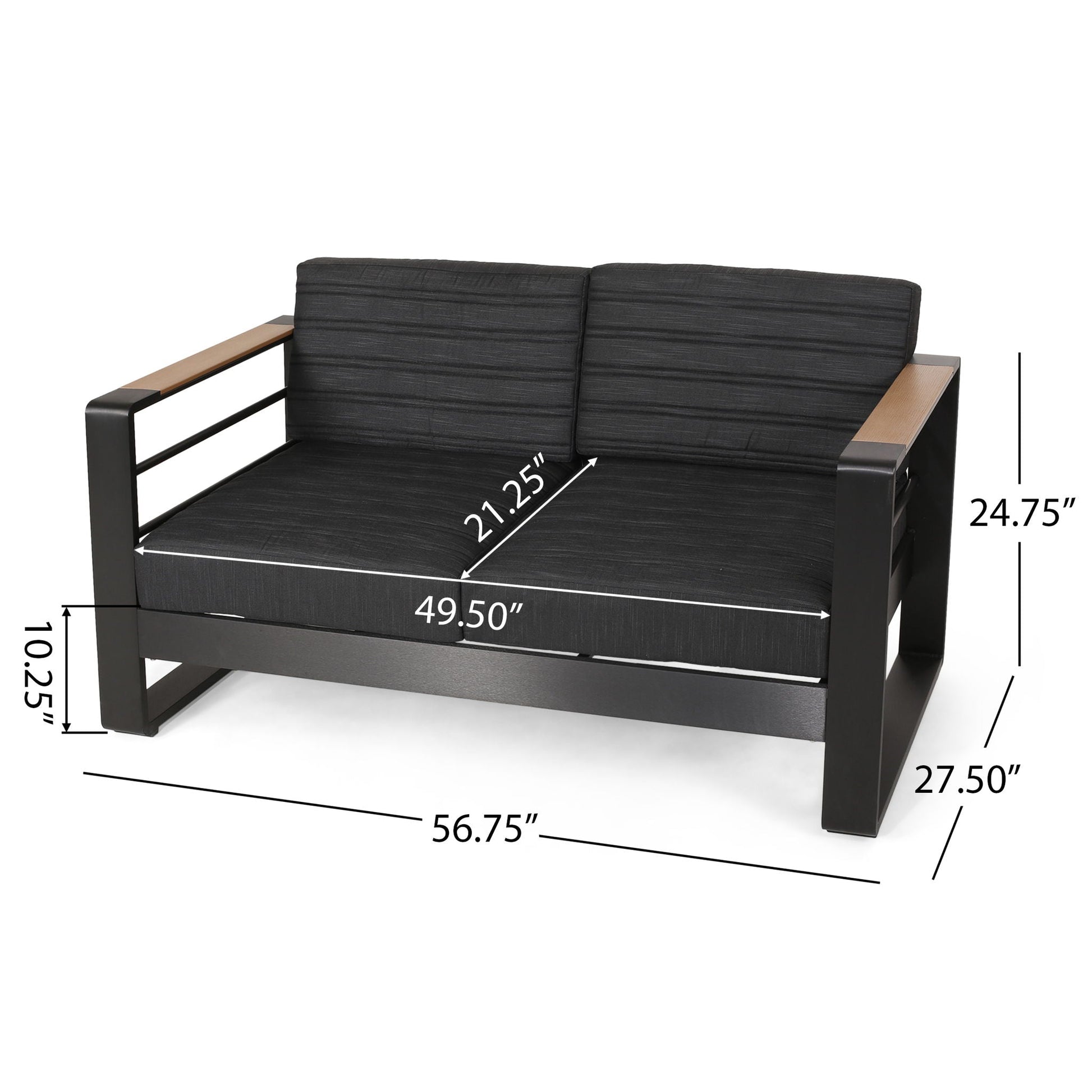Black loveseat with slat paneling and aluminum frame, wood armrests, HouseOfZazla on Tampa Home & Garden Store