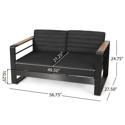 Black loveseat with slat paneling and aluminum frame, wood armrests, HouseOfZazla on Tampa Home & Garden Store