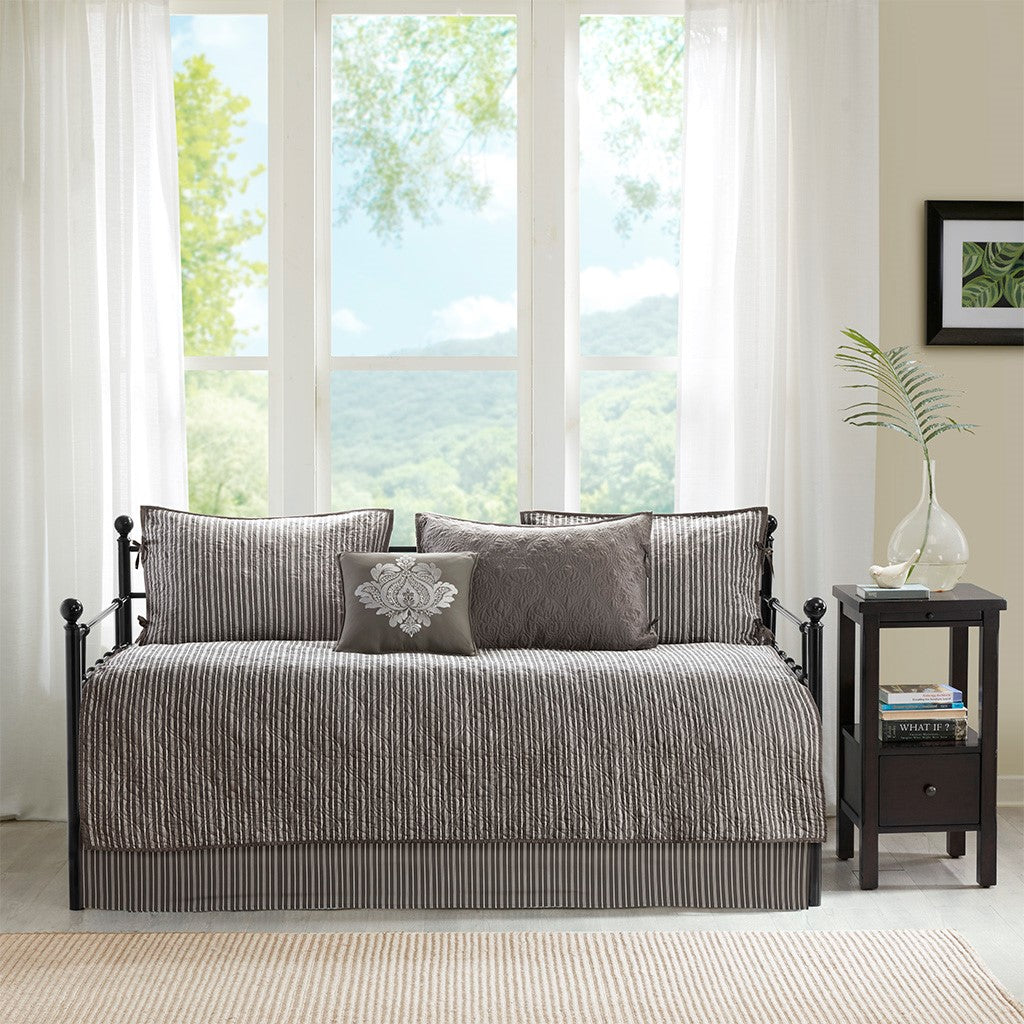 6 Piece Reversible Daybed Cover Set Dark with striped gray bedding and pillows on a metal daybed on Tampa Home & Garden Store