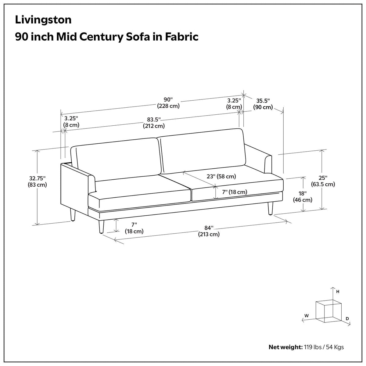 Livingston Upholstered Sofa, 90-inch mid-century fabric stationary sofa by HouseOfZazla on Tampa Home & Garden Store