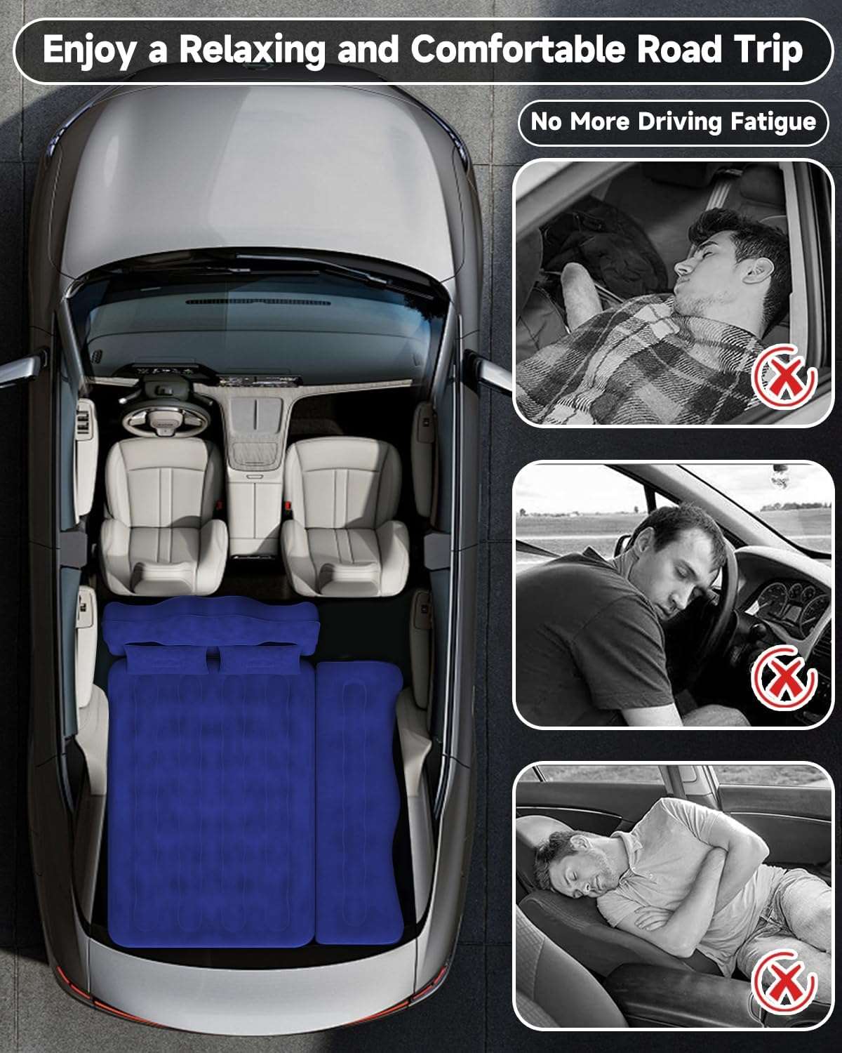 Umbrauto backseat air mattress in navy for SUV/truck/van with pump and pillows, top view on Tampa Home & Garden Store
