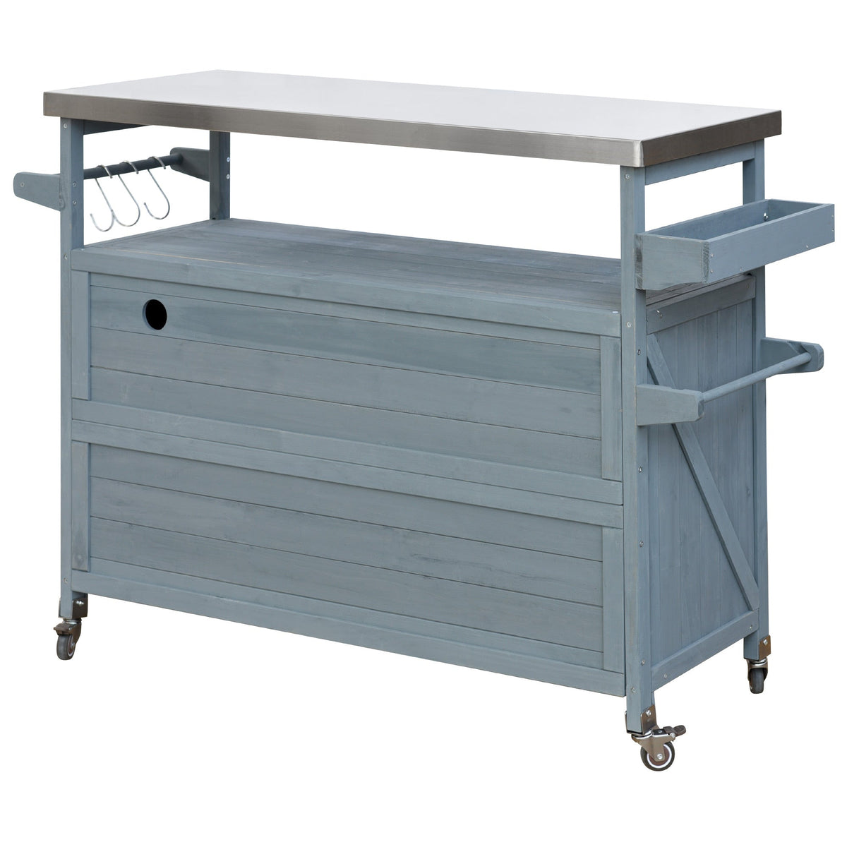 K&K Outdoor Kitchen Island rolling bar cart with stainless steel top and blue-gray wood storage on Tampa Home & Garden Store