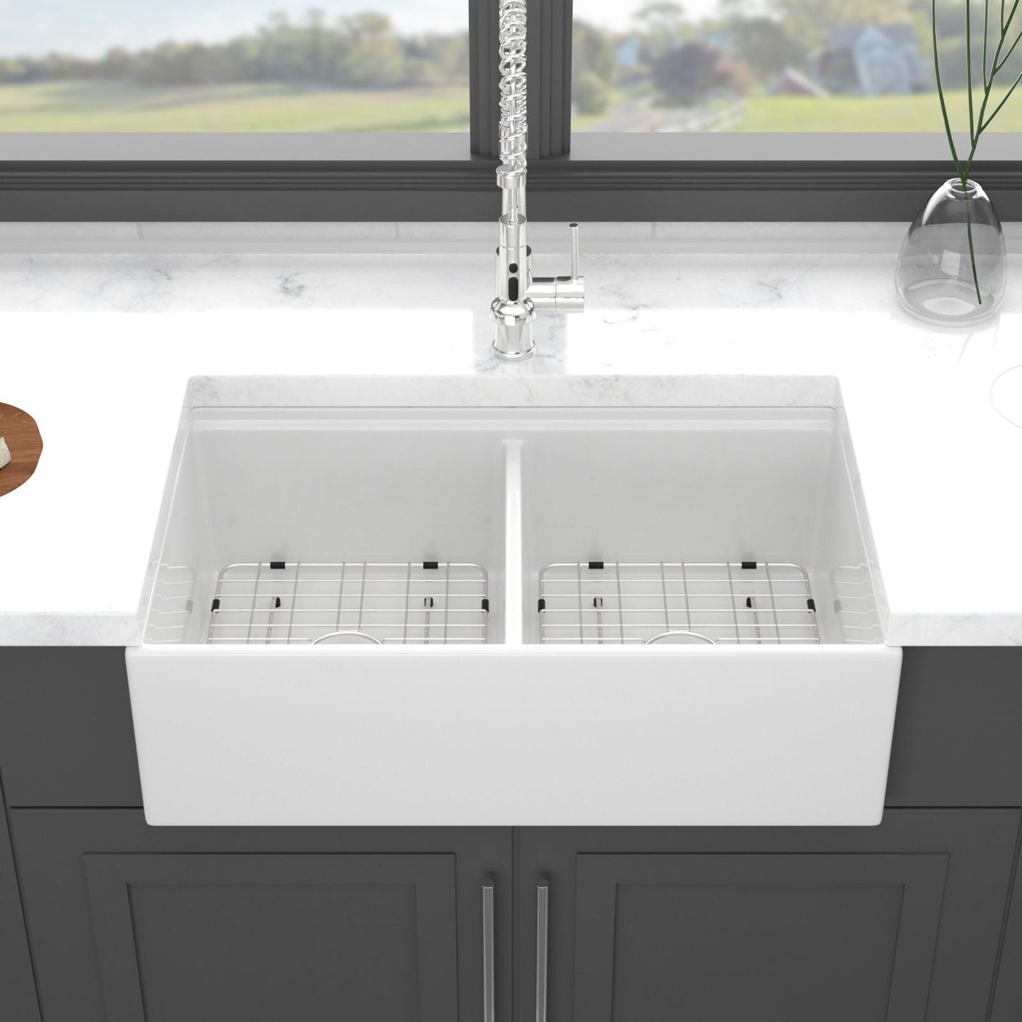 White Ceramic Farmhouse Sink And Double Bowl Set