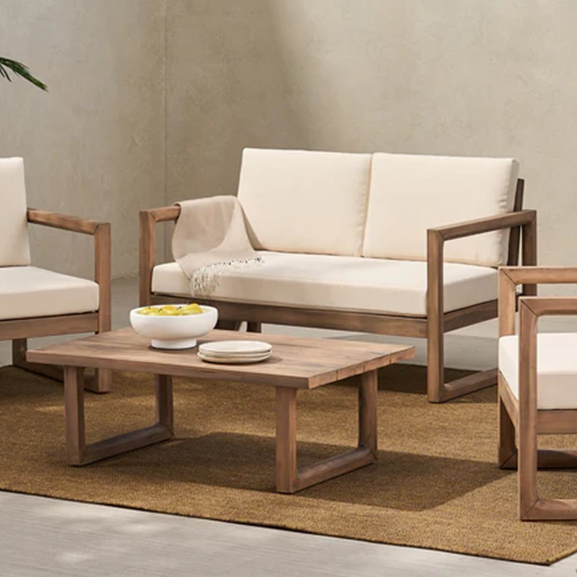 Outdoor acacia wood loveseat and coffee table set with beige cushions 2-piece HouseOfZazla on Tampa Home & Garden Store
