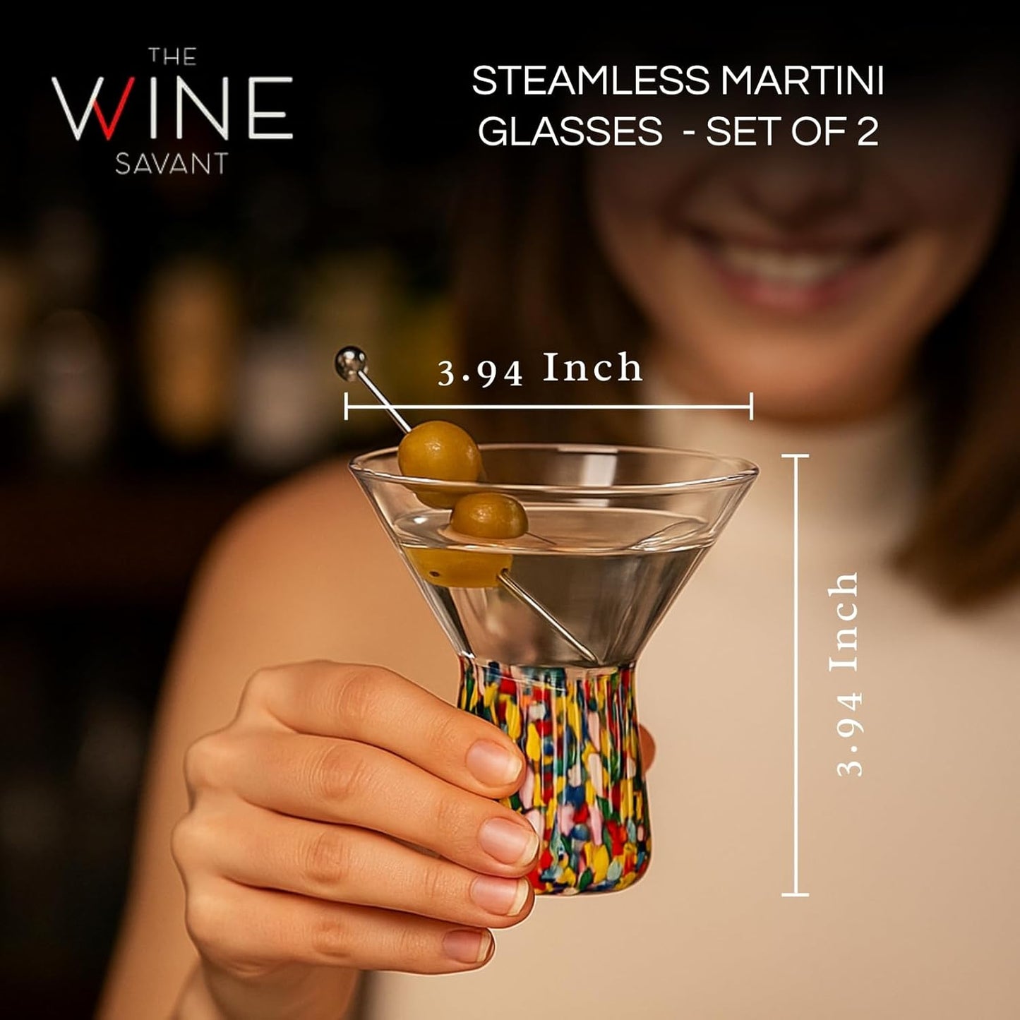 Hand Blown Stemless Confetti and Martini Glasses