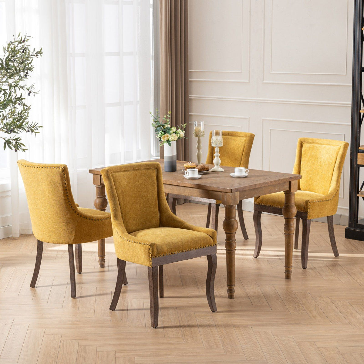 Ultra Side Dining Chair Set with solid wood legs, 4 yellow velvet chairs around table on Tampa Home & Garden Store
