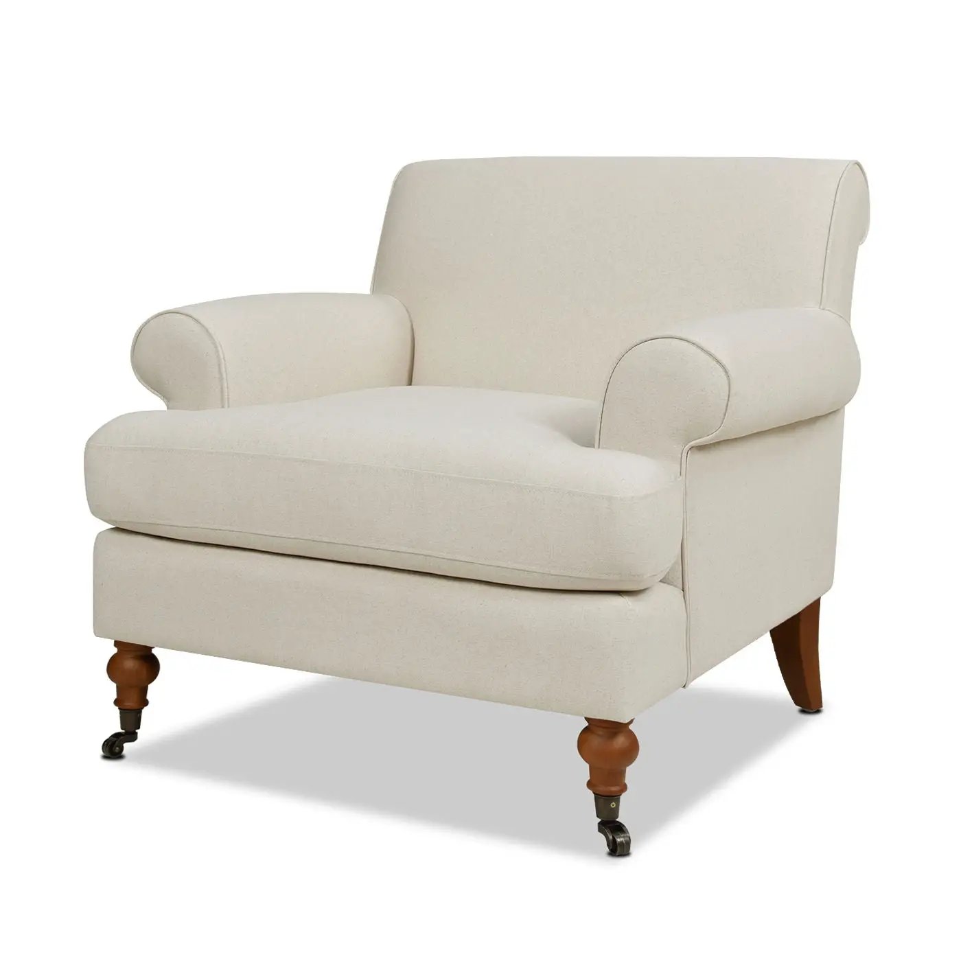 Alana Lawson Accent Arm Chair with casters; beige upholstery, rolled arms, wooden legs on Tampa Home & Garden Store