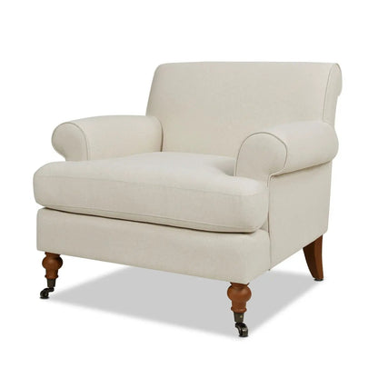 Alana Lawson Accent Arm Chair with casters; beige upholstery, rolled arms, wooden legs on Tampa Home & Garden Store