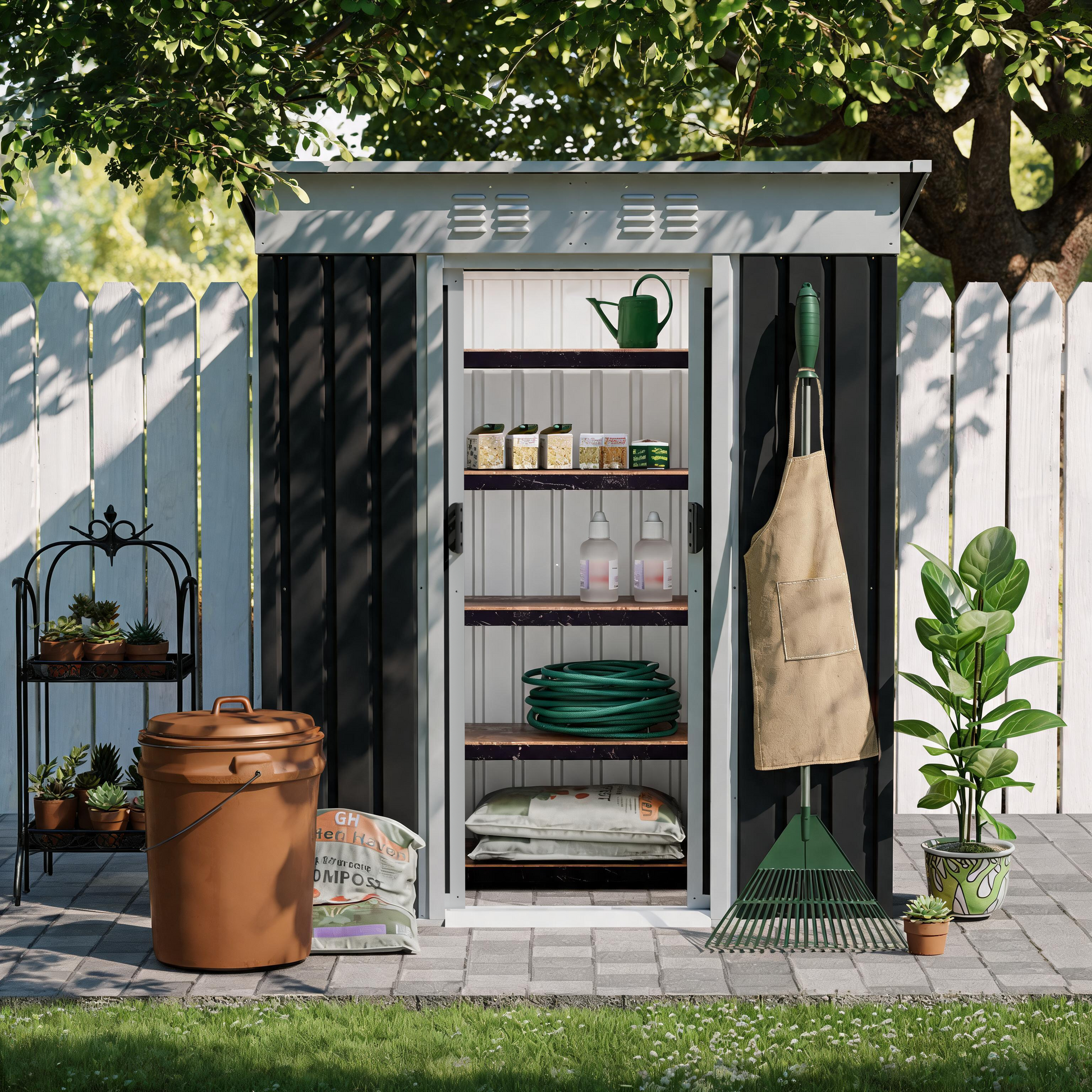 5x3 ft metal garden shed with sliding door black, shelves with garden gear HouseOfZazla on Tampa Home & Garden Store