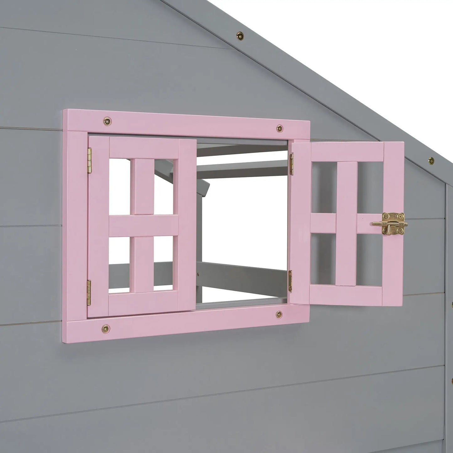 Bunk bed with playhouse roof and window by Unique Piece Furniture, pink frame with window openings on Tampa Home & Garden Store