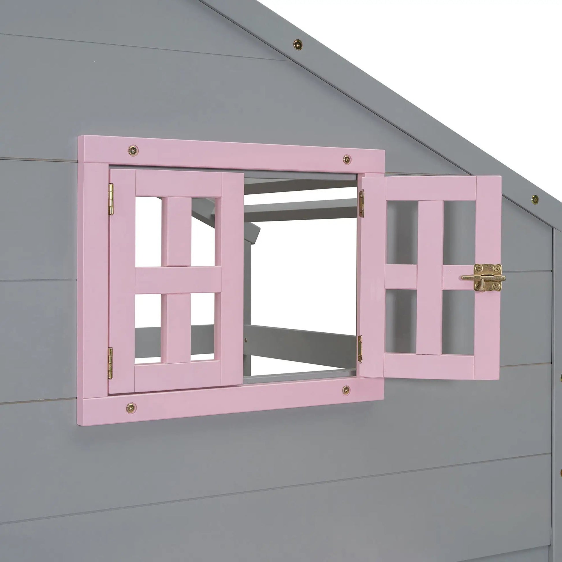 Bunk bed with playhouse roof and window by Unique Piece Furniture, pink frame with window openings on Tampa Home & Garden Store