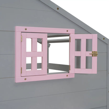 Bunk bed with playhouse roof and window by Unique Piece Furniture, pink frame with window openings on Tampa Home & Garden Store