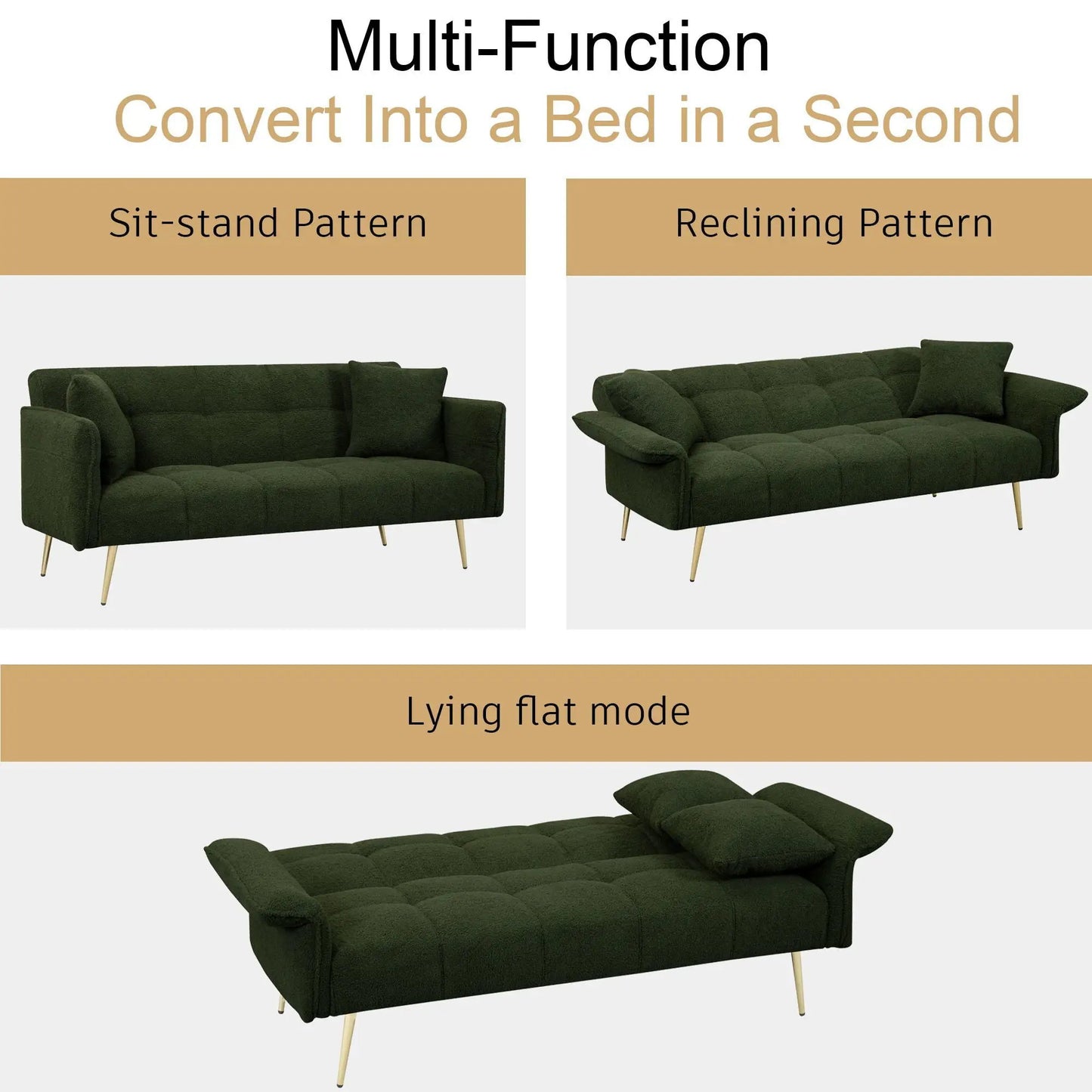 Convertible futon sofa bed in green fabric with slim legs by Unique Piece Furniture on Tampa Home & Garden Store