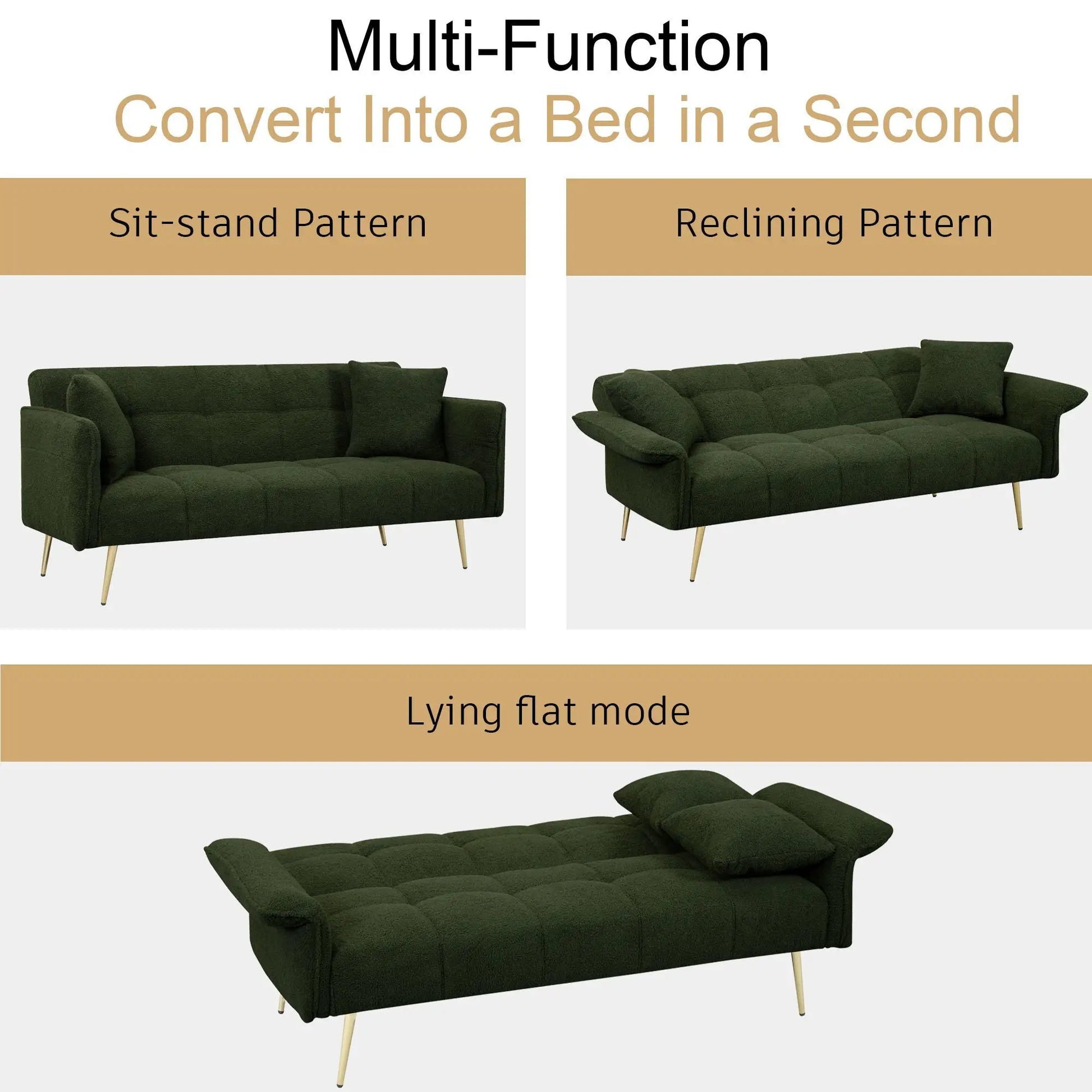 Convertible futon sofa bed in green fabric with slim legs by Unique Piece Furniture on Tampa Home & Garden Store