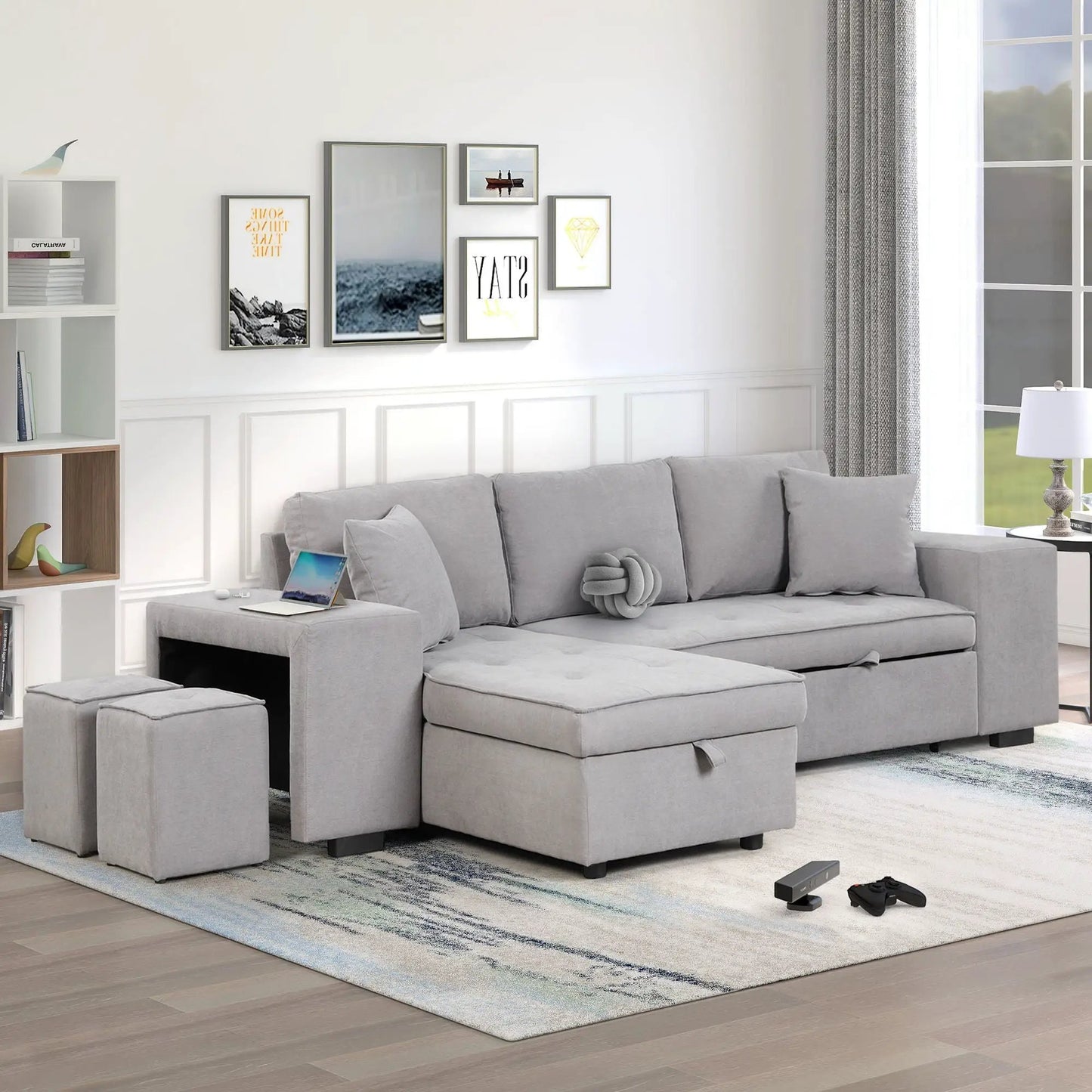 Modern L-Shape 3-Seat Reversible Sectional Couch gray fabric with storage chaise and 2 stools on Tampa Home & Garden Store