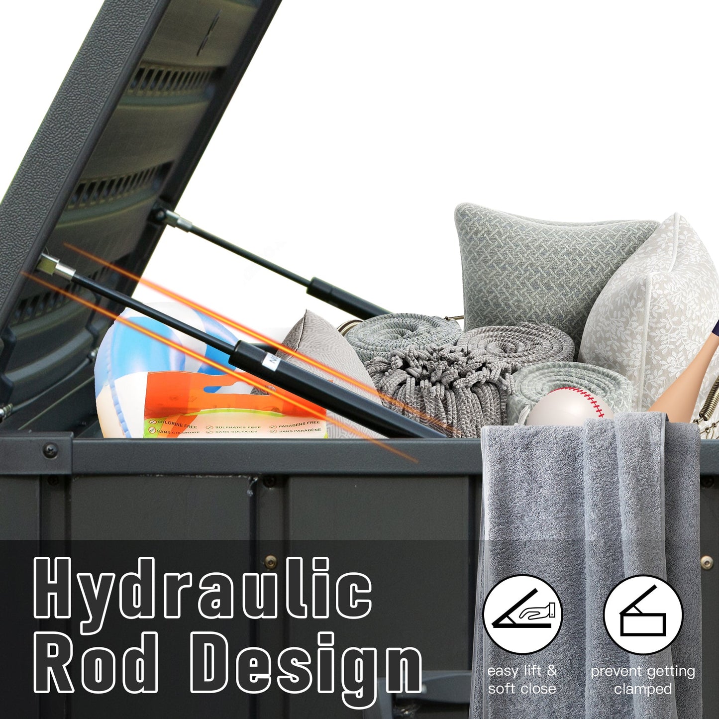 100 Gallon Outdoor Storage Deck Box dark gray by HouseOfZazla with hydraulic lid storing cushions on Tampa Home & Garden Store