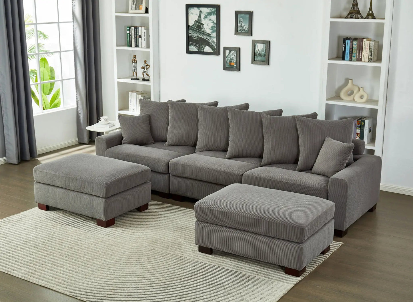 5 Seater L & U shaped couch in gray striped fabric with ottomans by Unique Piece Furniture on Tampa Home & Garden Store